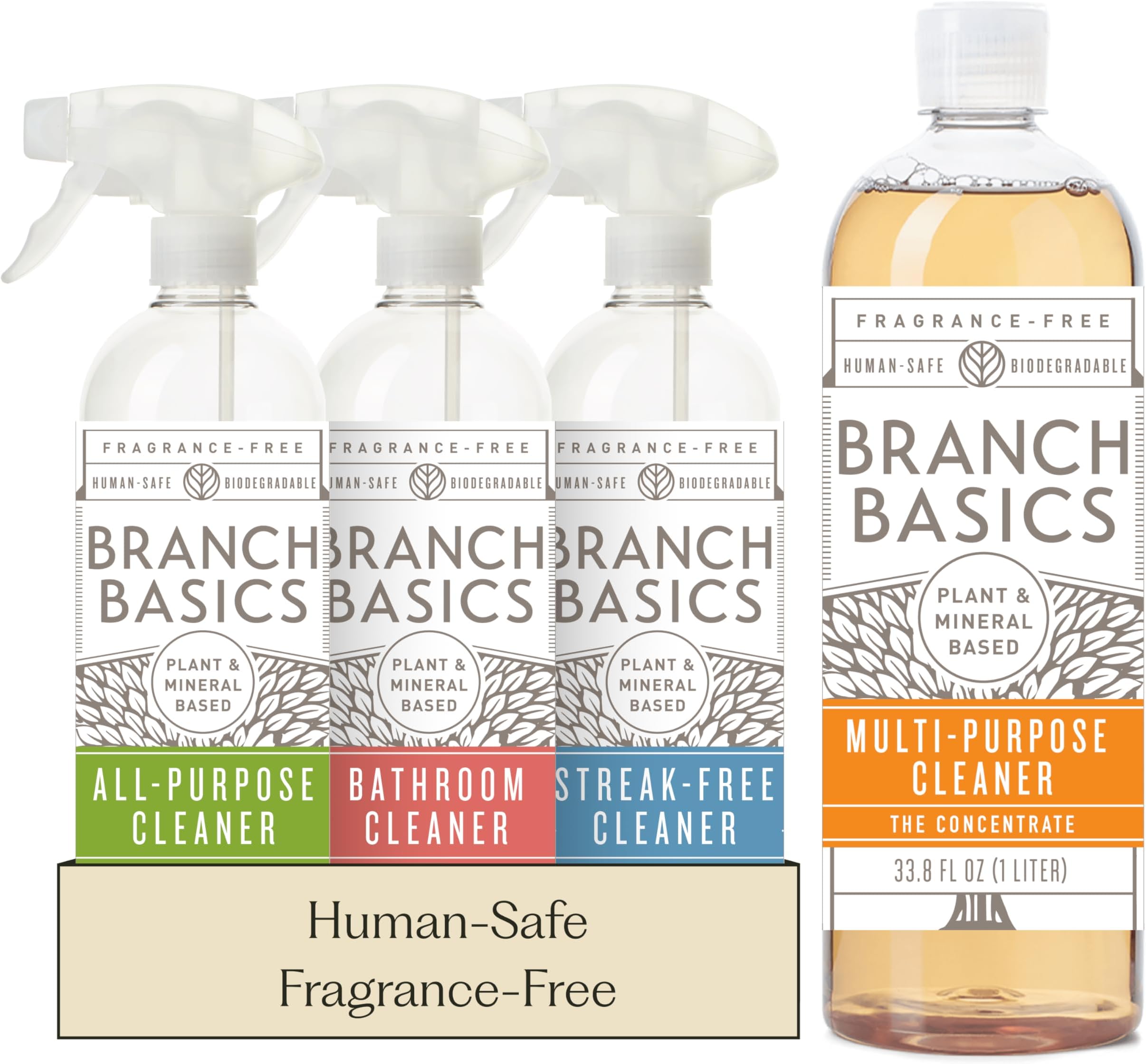Cleaning Essentials Kit: All Purpose, Glass and Bathroom Cleaner - Concentrate (33.8 Oz) (17 Refills) + Refillable Plastic Spray Bottles (24 Oz) Plant Based, Human-Safe, & Fragrance Free