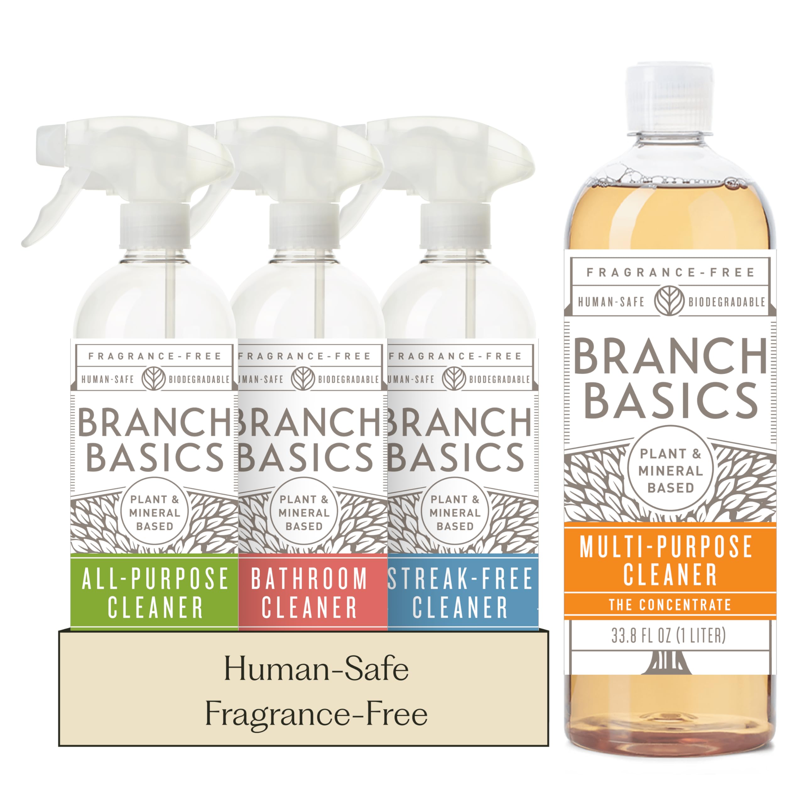 Branch Basics Cleaning Essentials Kit: All Purpose, Glass and Bathroom Cleaner - Concentrate (33.8 Oz) (17 Refills) + Refillable Plastic Spray Bottles