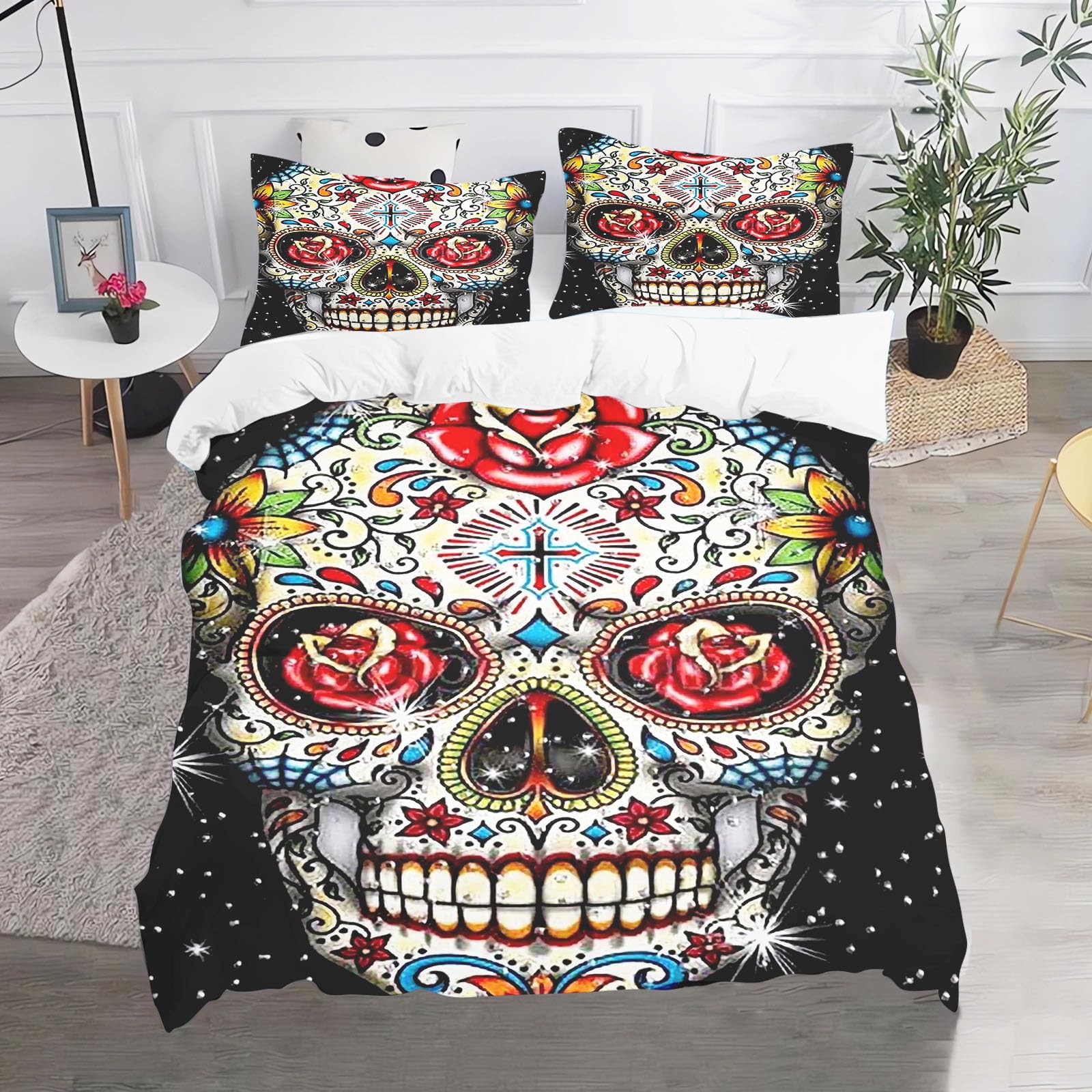 Fadaing Bedding 3D Skull Duvet Cover 135 x 200 cm Skull Pattern Gothic Duvet Cover Skull Print Children's Duvet Cover, Microfibre for Children, Boys, Girls (140 x 210 cm, 10)