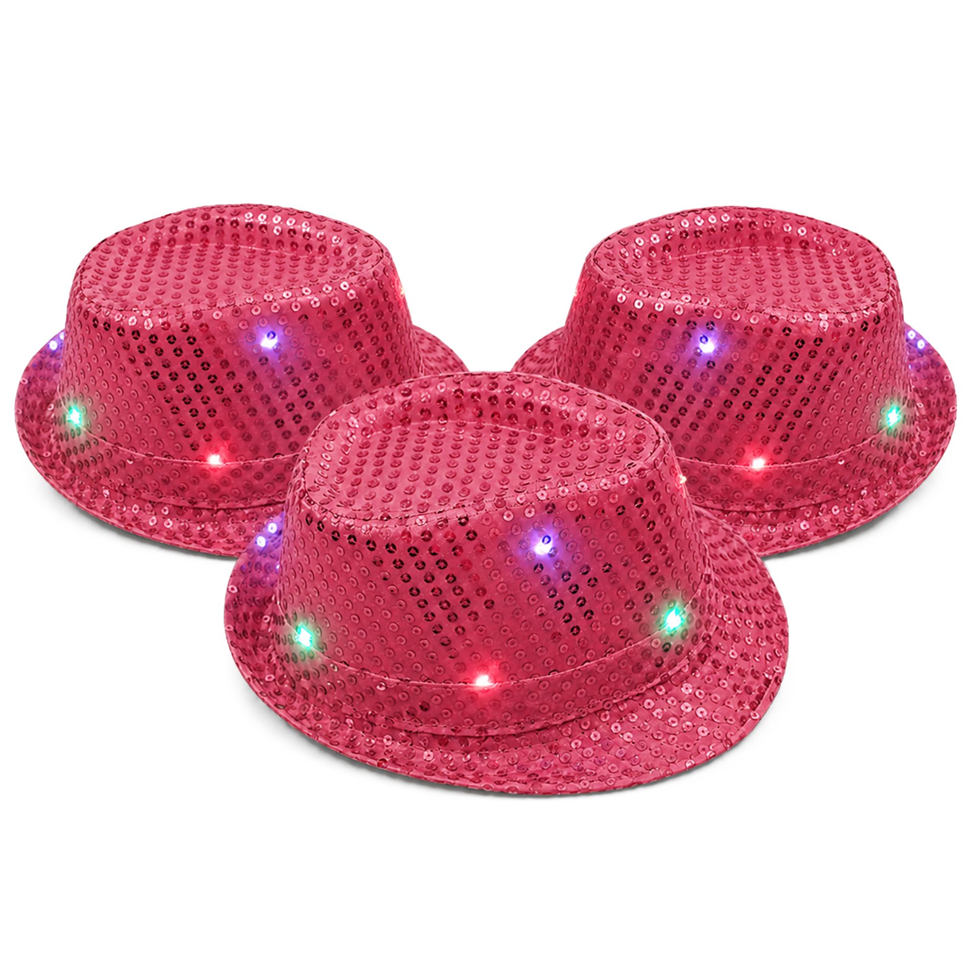 The Fancy Dress® Adult LED Light Up Sequin Trilby Hat, Women Men Multi-Function Fedora Flashing Jazz Hat Cowboy Hat Performance Props Party & Carnival Fancy Dress Up Hats Unisex, 3 Pack Pink