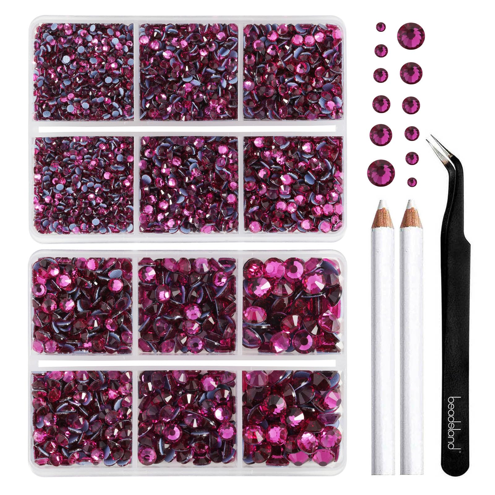 Beadsland Hotfix Rhinestones, Fuchsia, 6080pcs Mixed 5 Sizes