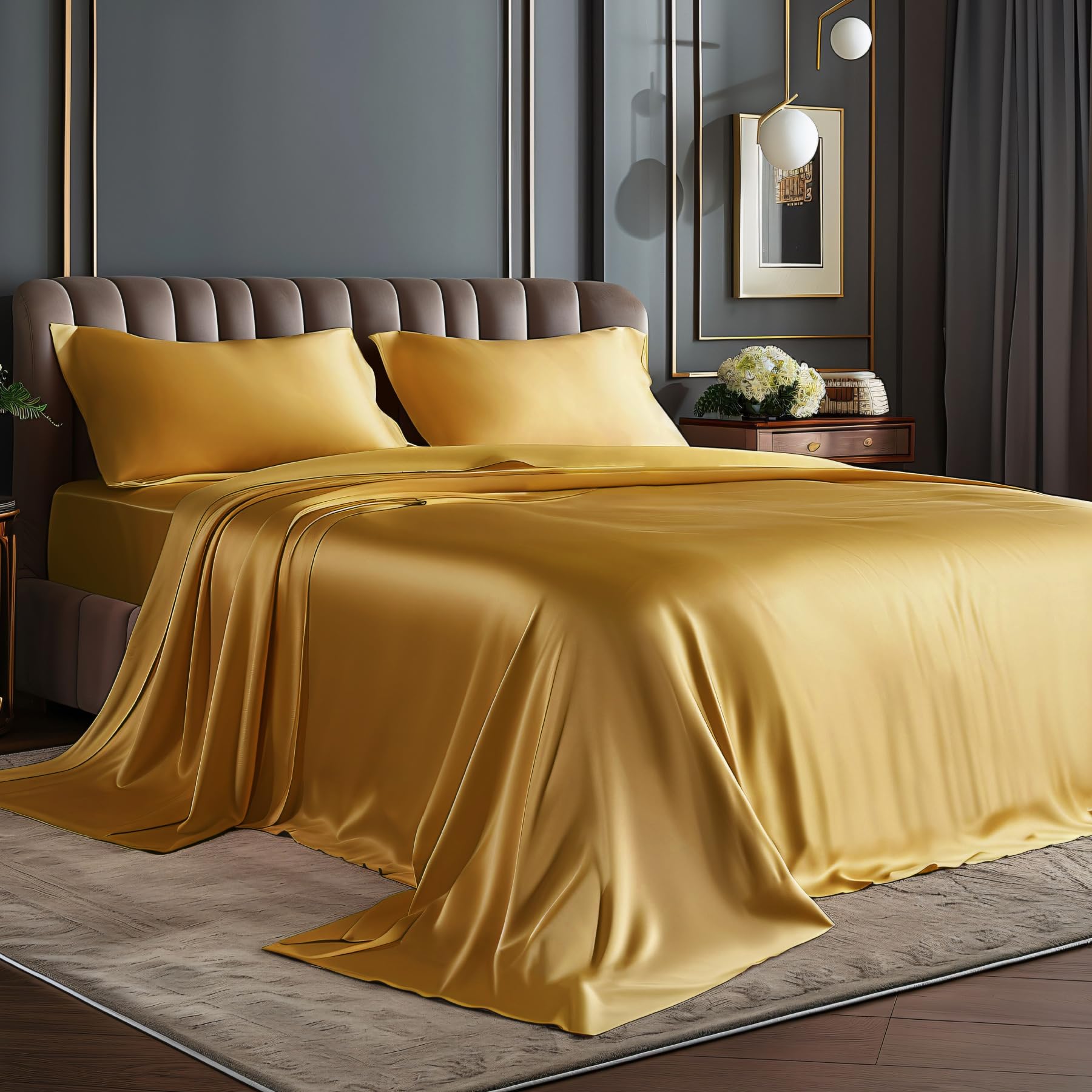 BEDELITECalifornia King Sheets Set, Luxury Soft Gold Satin Sheets for Hair and Skin, Similar to Silk Bed Sheets Set 4 Pieces with 1 Deep Pocket Fitted Sheet, 1 Flat Sheet, and 2 Pillowcases