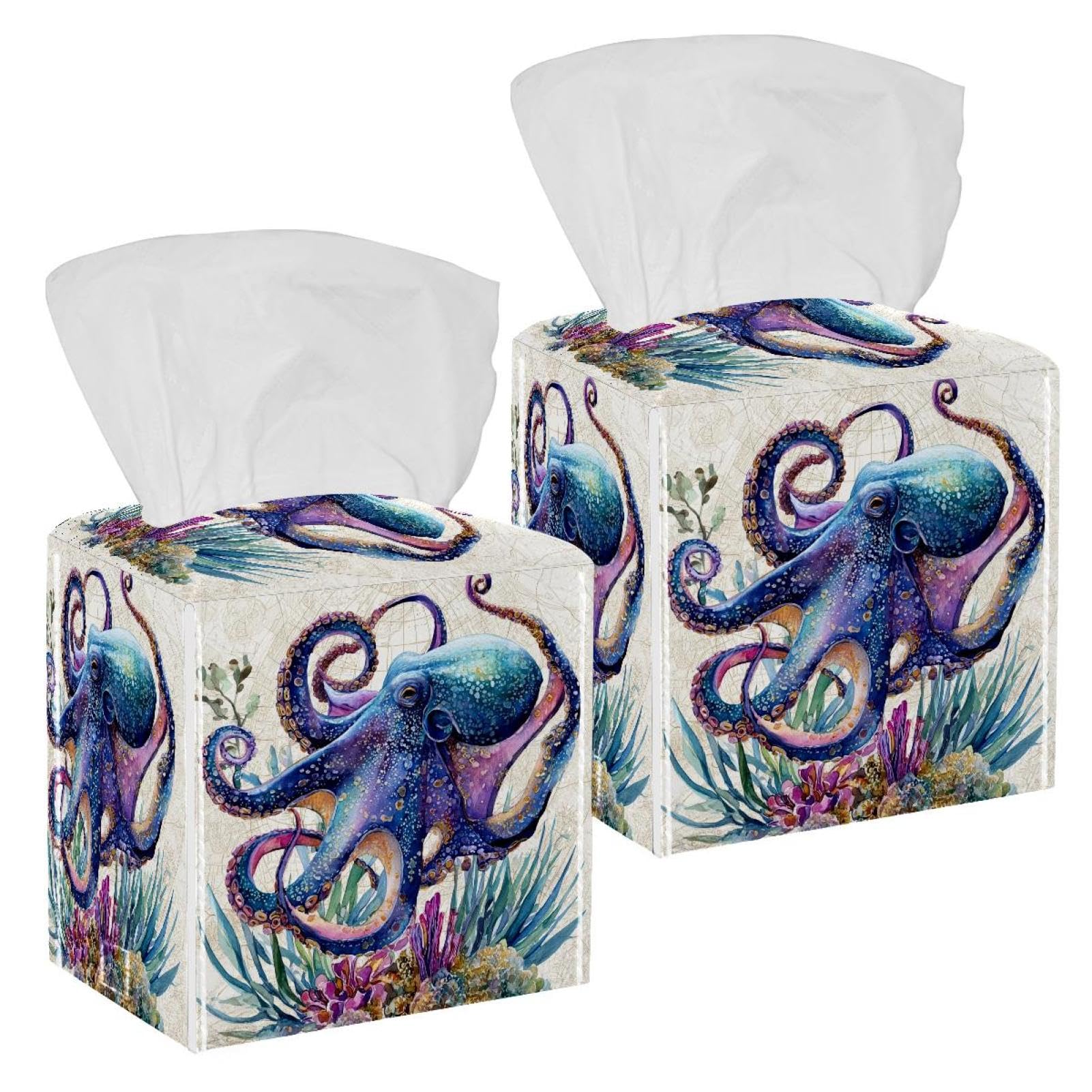 Octopus Tissue Box Cover, 2 Pack PU Leather Square Facial Tissue Dispenser Box holder for Home Office Car