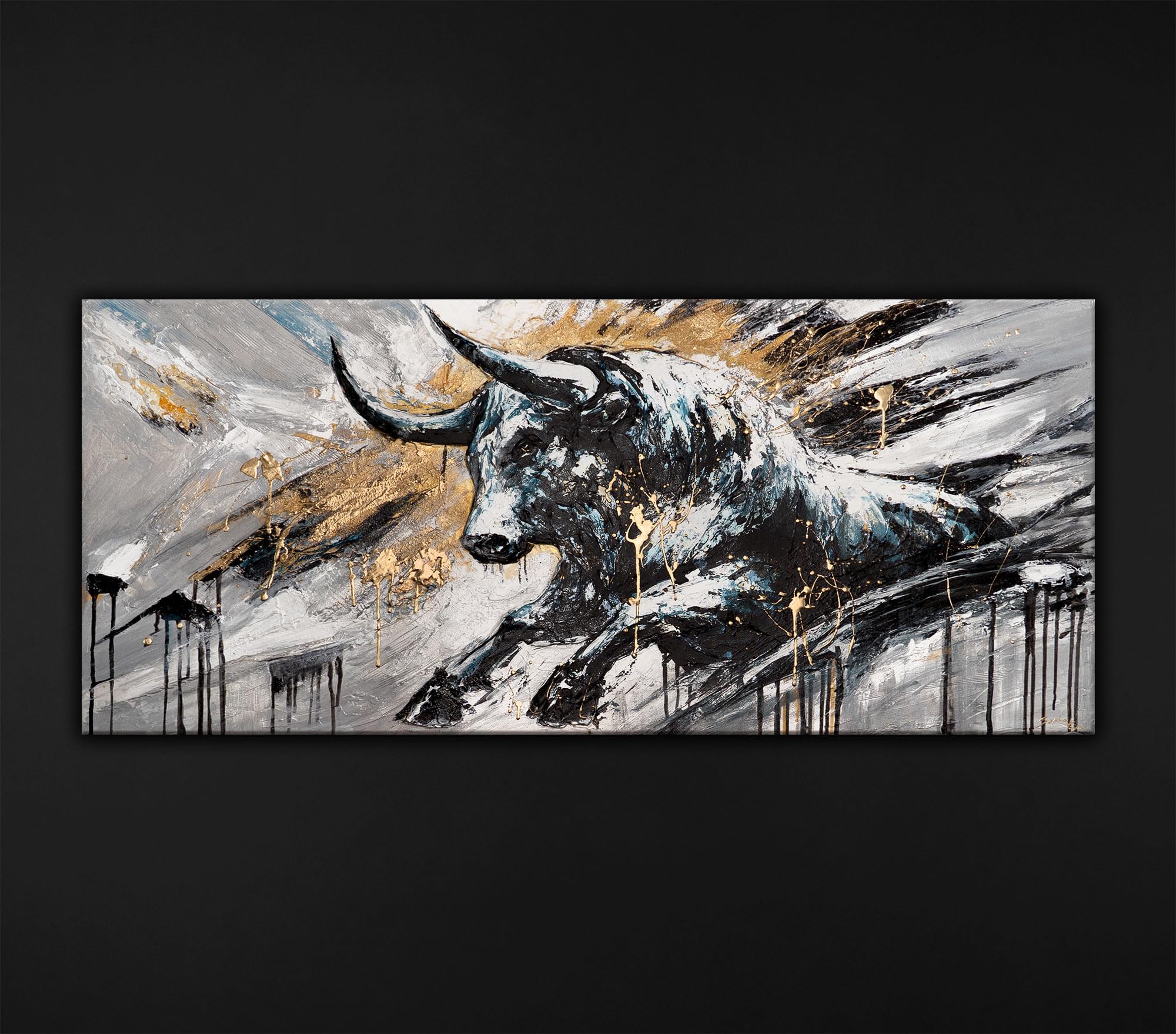 YS-Art Quadro Astratto Toro Nero e Oro - Dipinto a Mano su Tela Materica