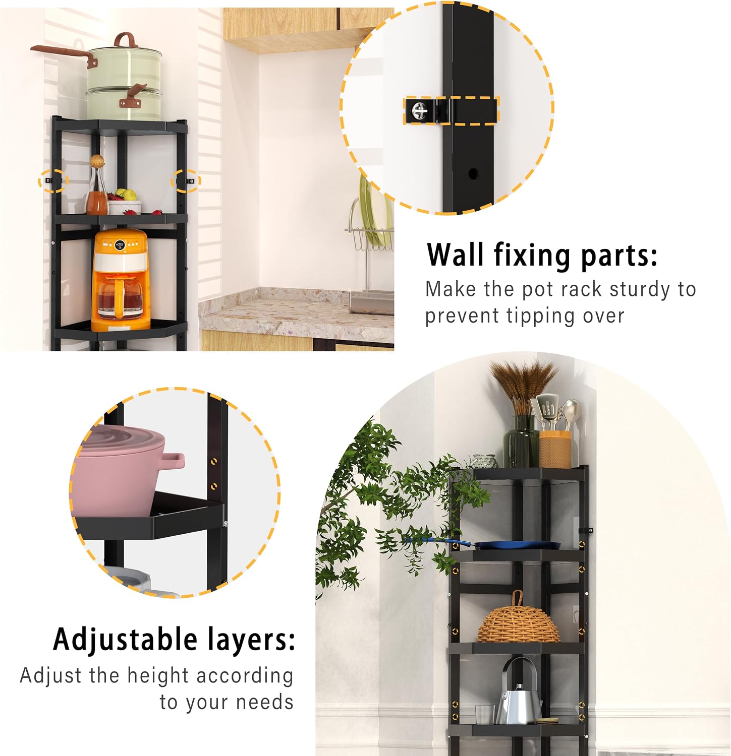 7-Tier Multifunctional Adjustable Pan & Pot Rack for Kitchen, Pan Organizer, Pot Organizer Organization & Storage, Pot Lid Organizer (Corner 7-tier wall mount)