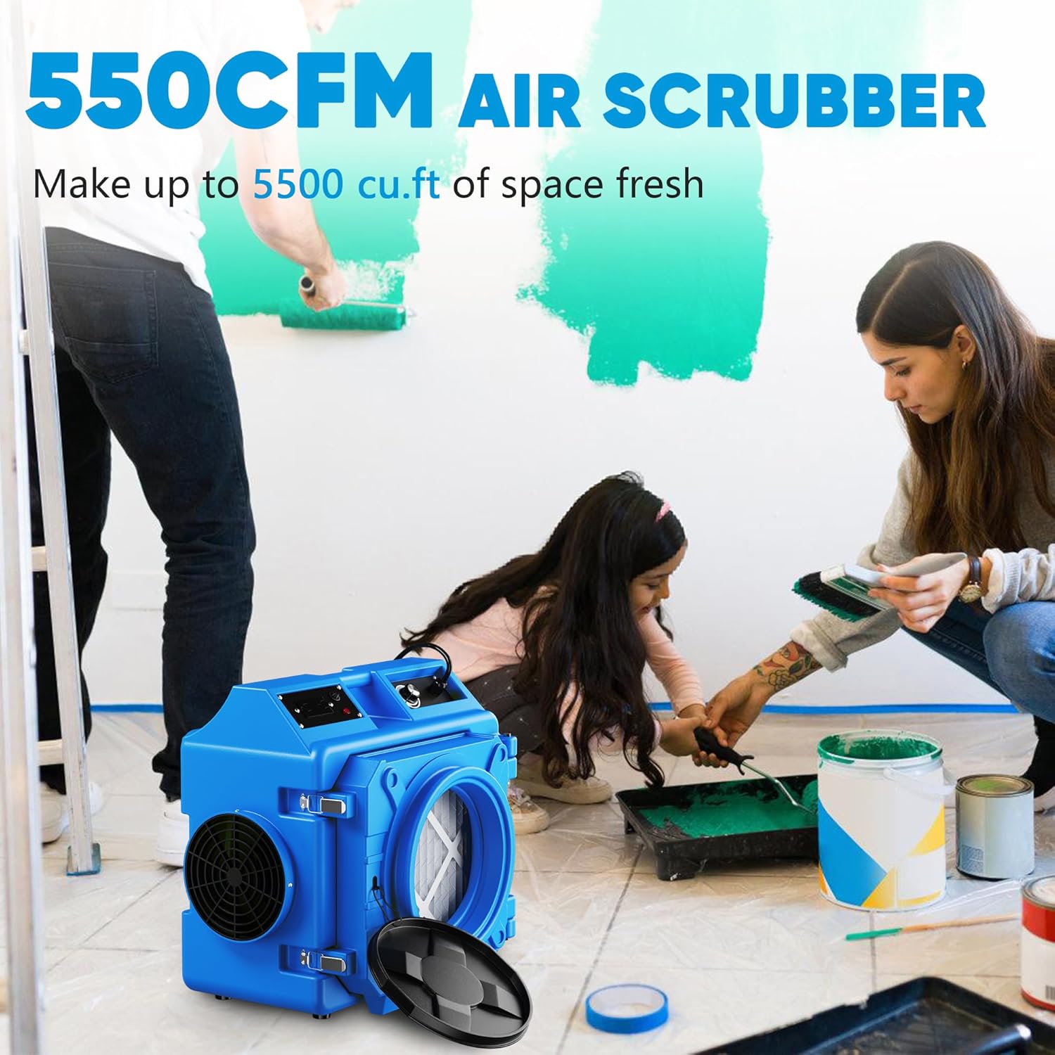 Air Scrubber with 3 Stage Filtration, 550CFM Stackable Negative Air Machine for Industrial and Commercial Use, Heavy Duty Air Cleaner with HEPA/Activated carbon Filter, Yellow