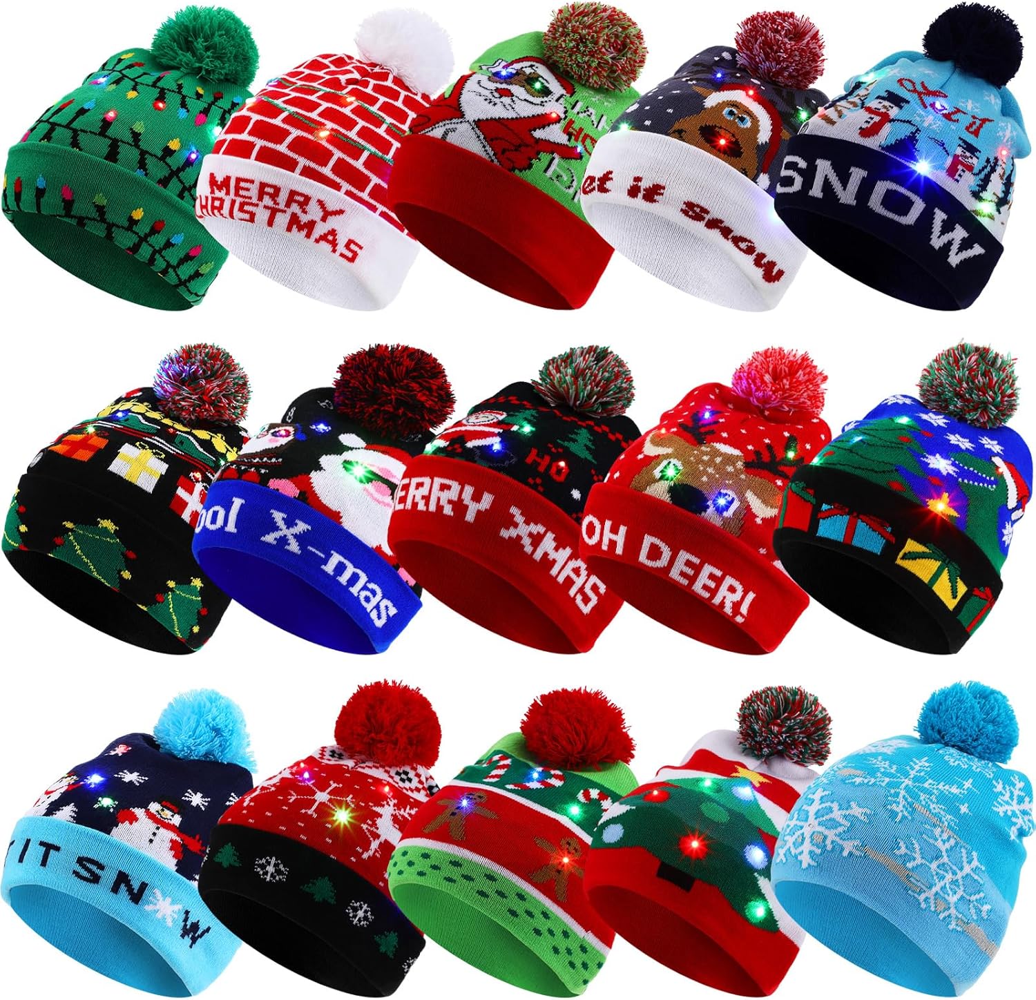 Vicenpal 15 Pack Christmas Light up Hat LED Beanie Christmas Knitted Beanie Flashing Sweater Holiday Hat Xmas Party Supplies