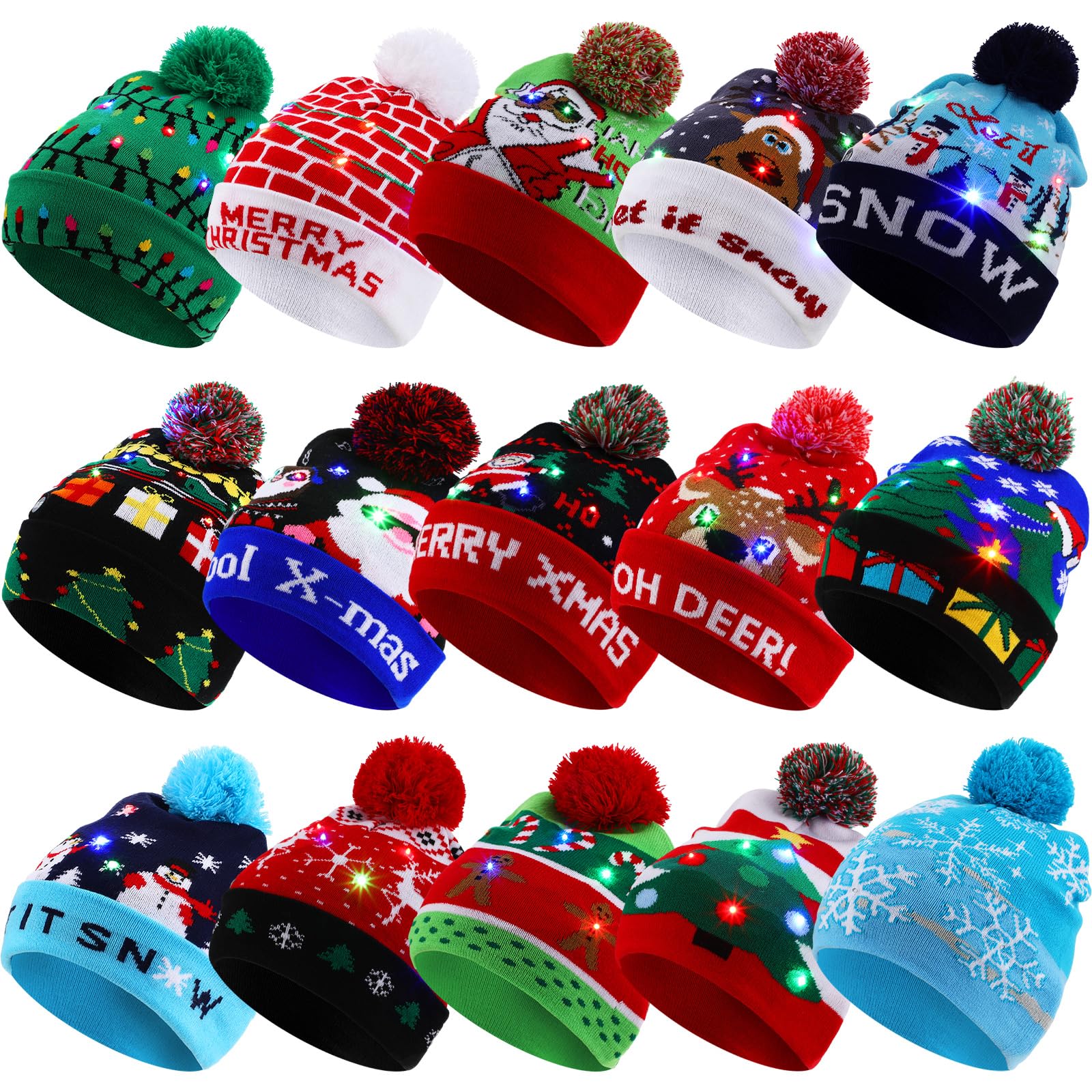 Vicenpal 15 sztuk bożonarodzeniowych czapek beanie LED Boże Narodzenie rozświetlana dzianinowa czapka miga świąteczny sweter czapka świąteczne artykuły imprezowe, jak pokazano na zdjęciu, jeden