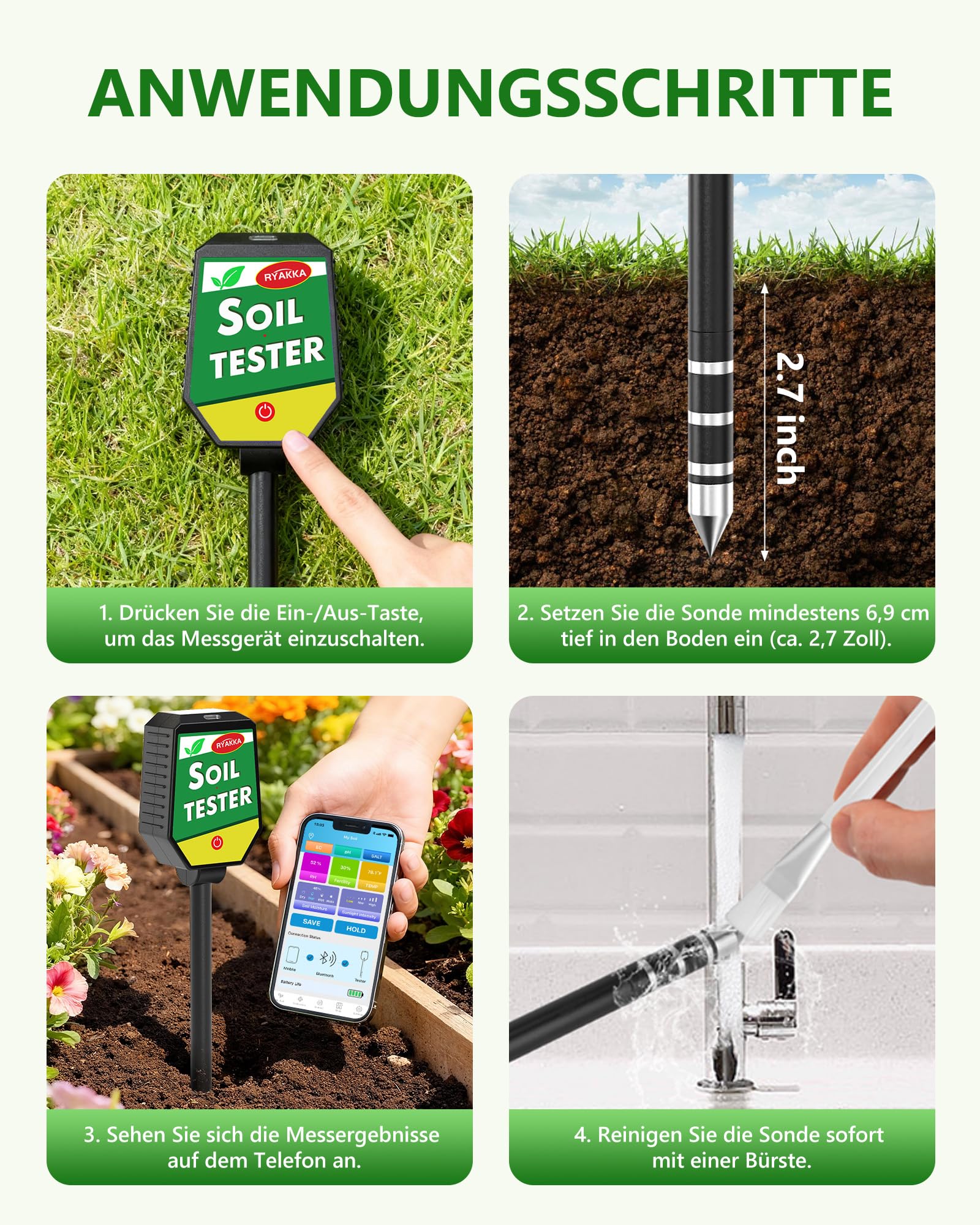 8-in-1 Bodenmessgerät mit APP-Überwachung, Messgerät Erde mit pH/EC/Temperatur/Feuchtigkeit/Fruchtbarkeit/Salzgehalt/Sonnenlicht/Umgebungsfeuchtigkeit für Garten