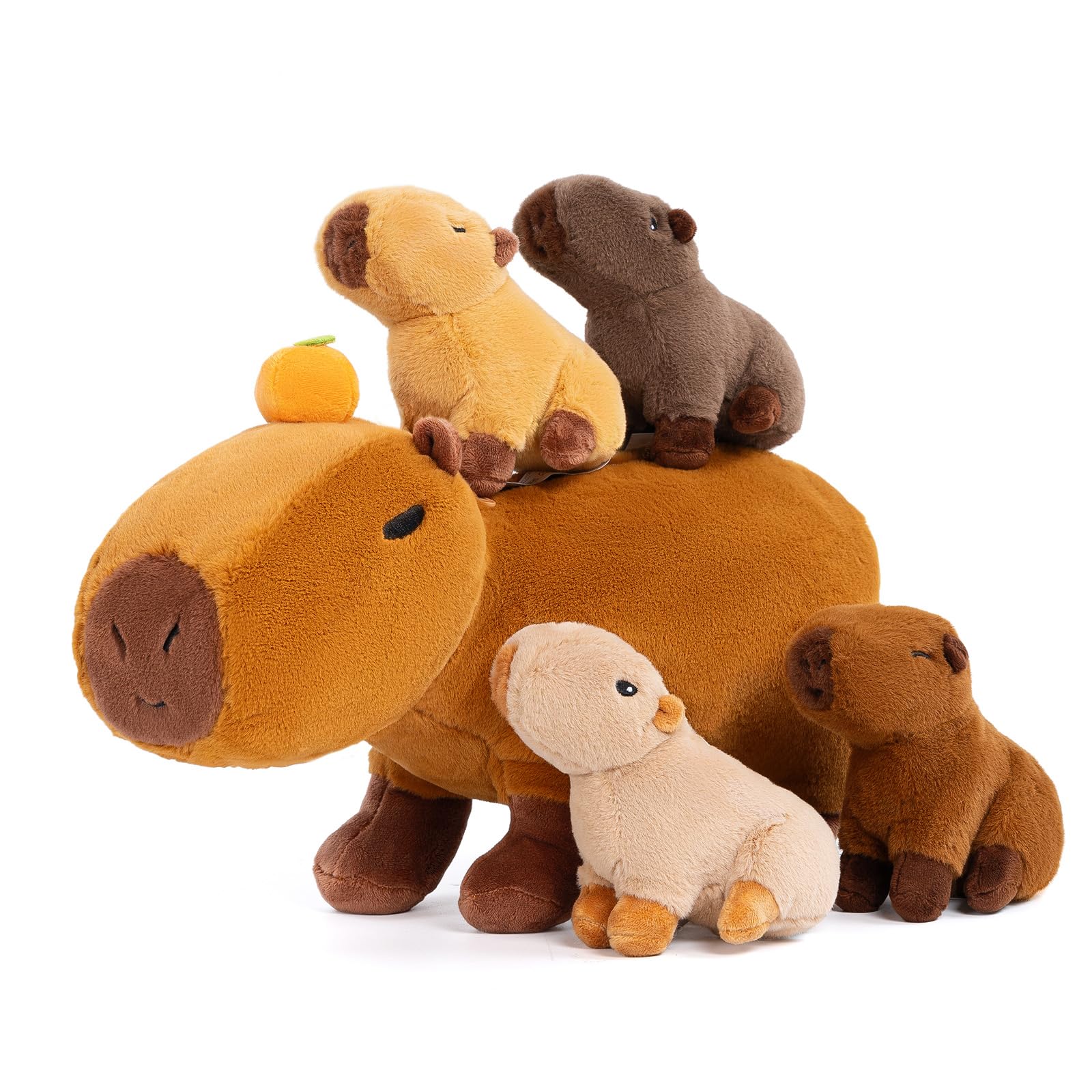 OUOZZZ Capybara Stuffed Animals with Babies Inside 14.5" Capybara Plush Toys with 4 Babies Capybara with Tangerine in Hot Spring - Gift Present Toys for Girls Boys Kids Toddler