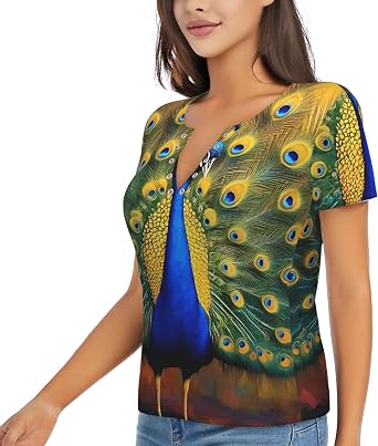 V Neck T Shirts for Women Short Sleeve Summer Fashion Clothes- Peacocks 2