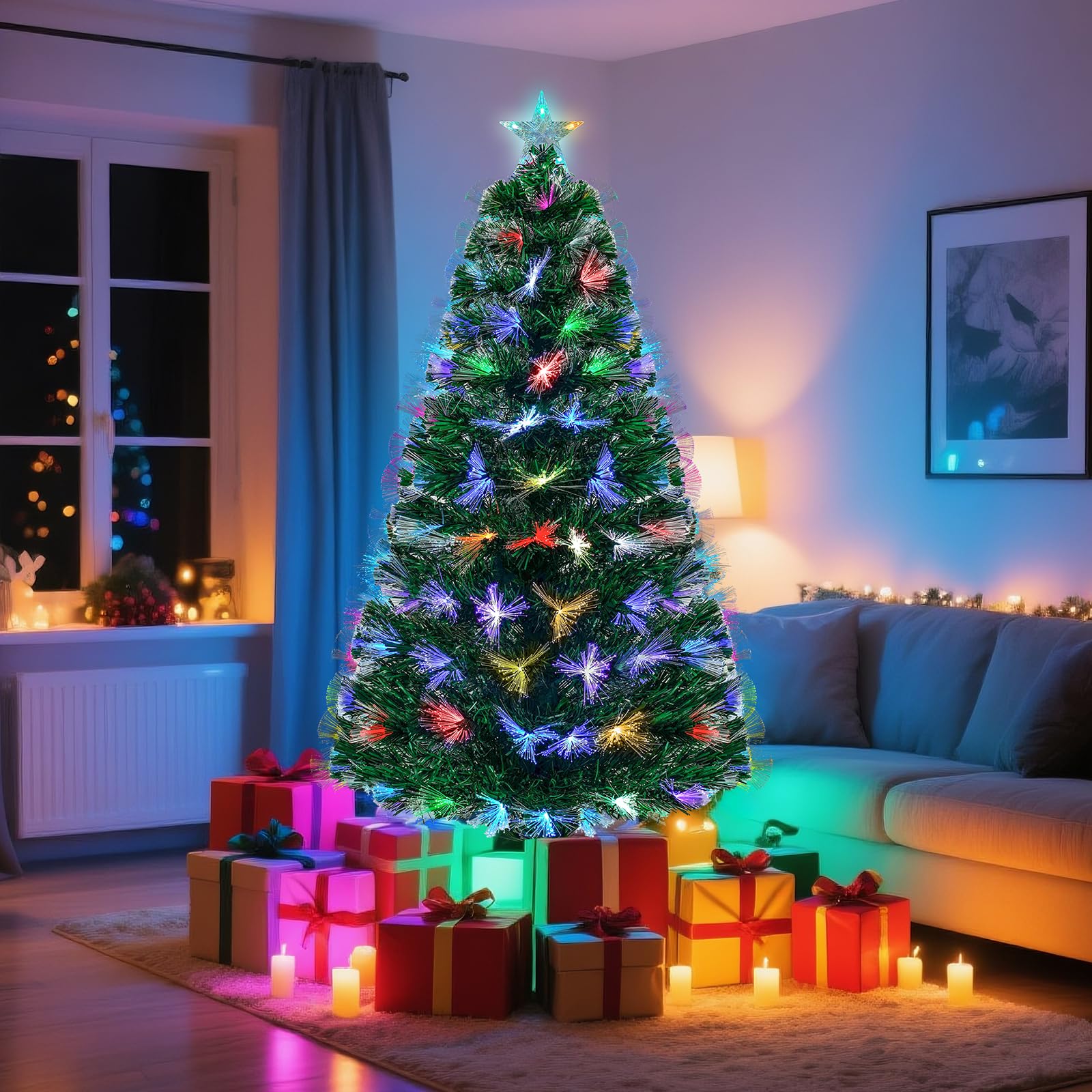 Uten 120 cm Künstlicher Weihnachtsbaum, mit integrierten mehrfarbigen Glasfaser Licht, 125 PVC-Spitzen, Vorgeleuchteter Tannenbaum mit Metallständer