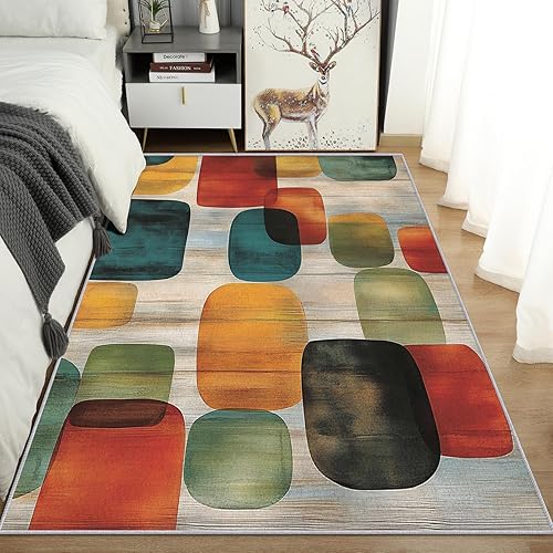 Miniatura 4 de Alfombra geométrica, lavable de 8 x 10 pulgadas, alfombras de mediados de siglo para sala de estar, dormitorio, alfombra antideslizante suave de