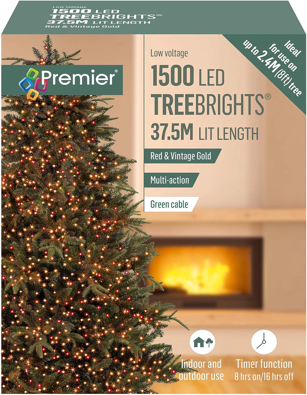 1500 LED 37.5m Premier TreeBright Christmas Tree Lights Timer Red ...