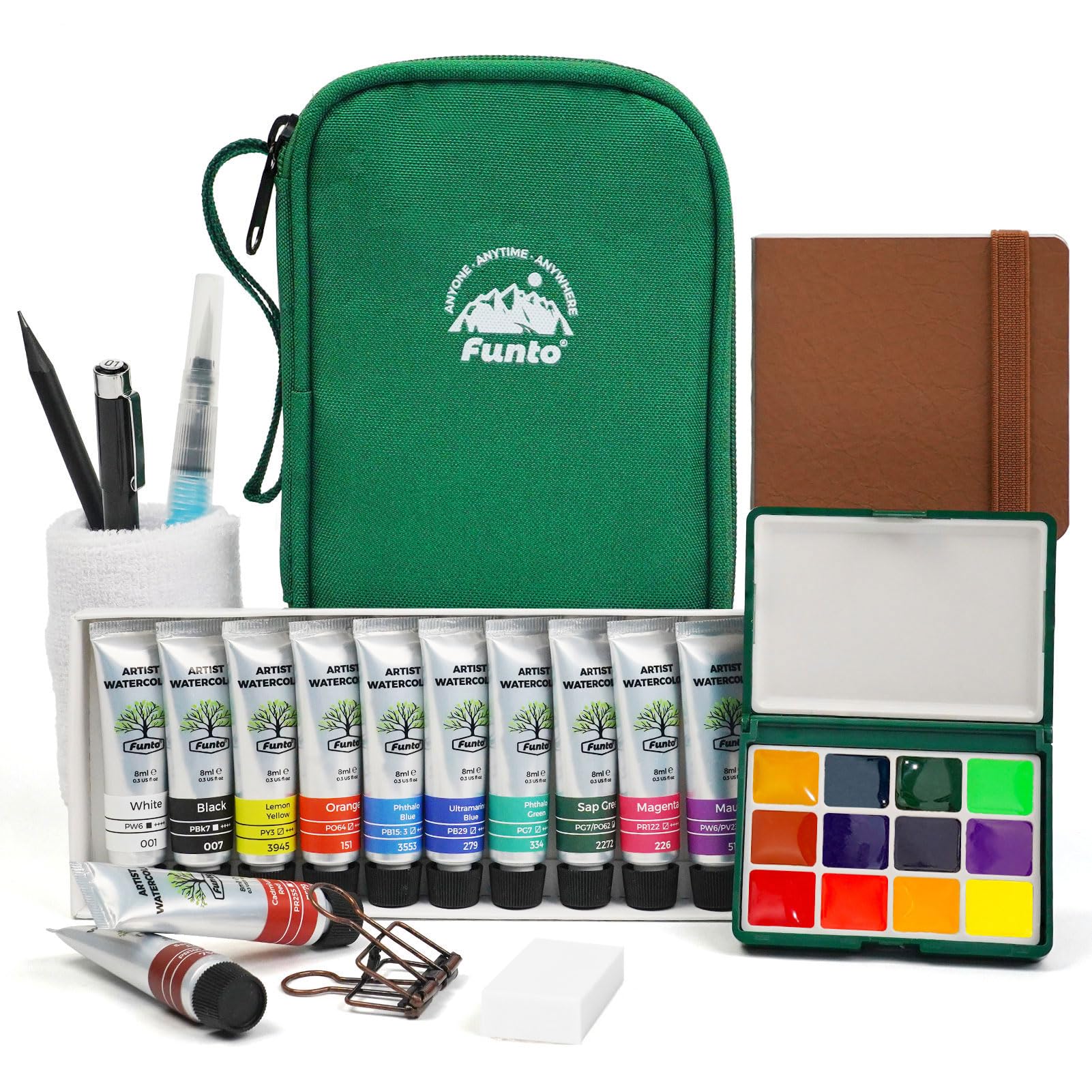 Funto Mini watercolour Travel Set, 12-Color Refillable Travel Art Kit, All-in-One Mini Paint Supplies with Bag, Art Craft for All, Portable Water Color Paint for Beginners, lovers and Artists