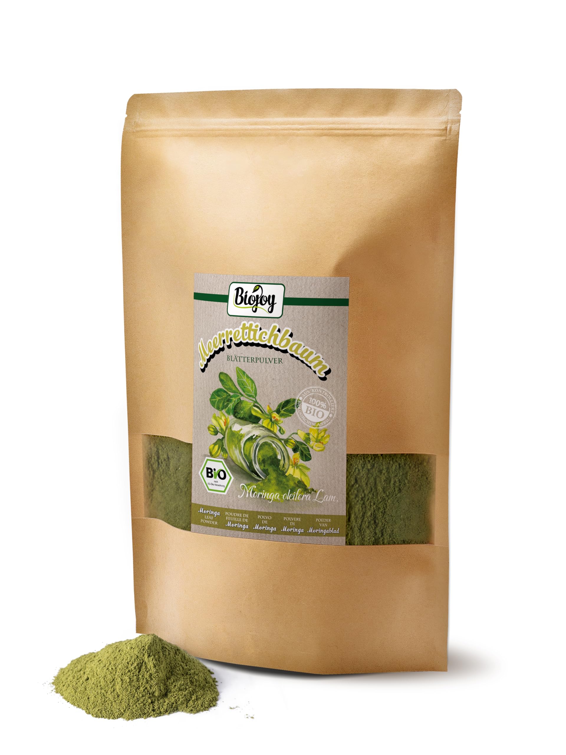 Biojoy Moringa en Polvo Ecológica (1 kg), hojas molidas para té o batidos (Moringa oleifera Lam.)