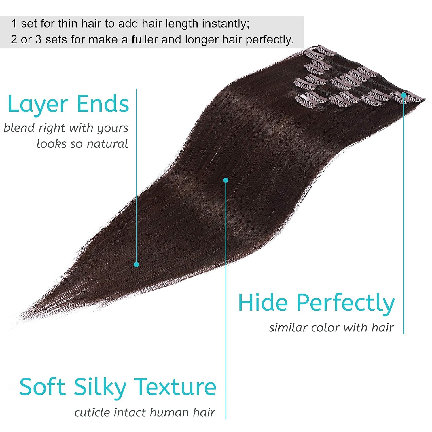 S-noilite Clip in Hair Extensions Real Human Hair, 18 Inch 100g 8pcs Human Hair Extensions Clip In Human Hair, Dark Brown Hair Extensions Clip In Remy Human Hair Extensions #2