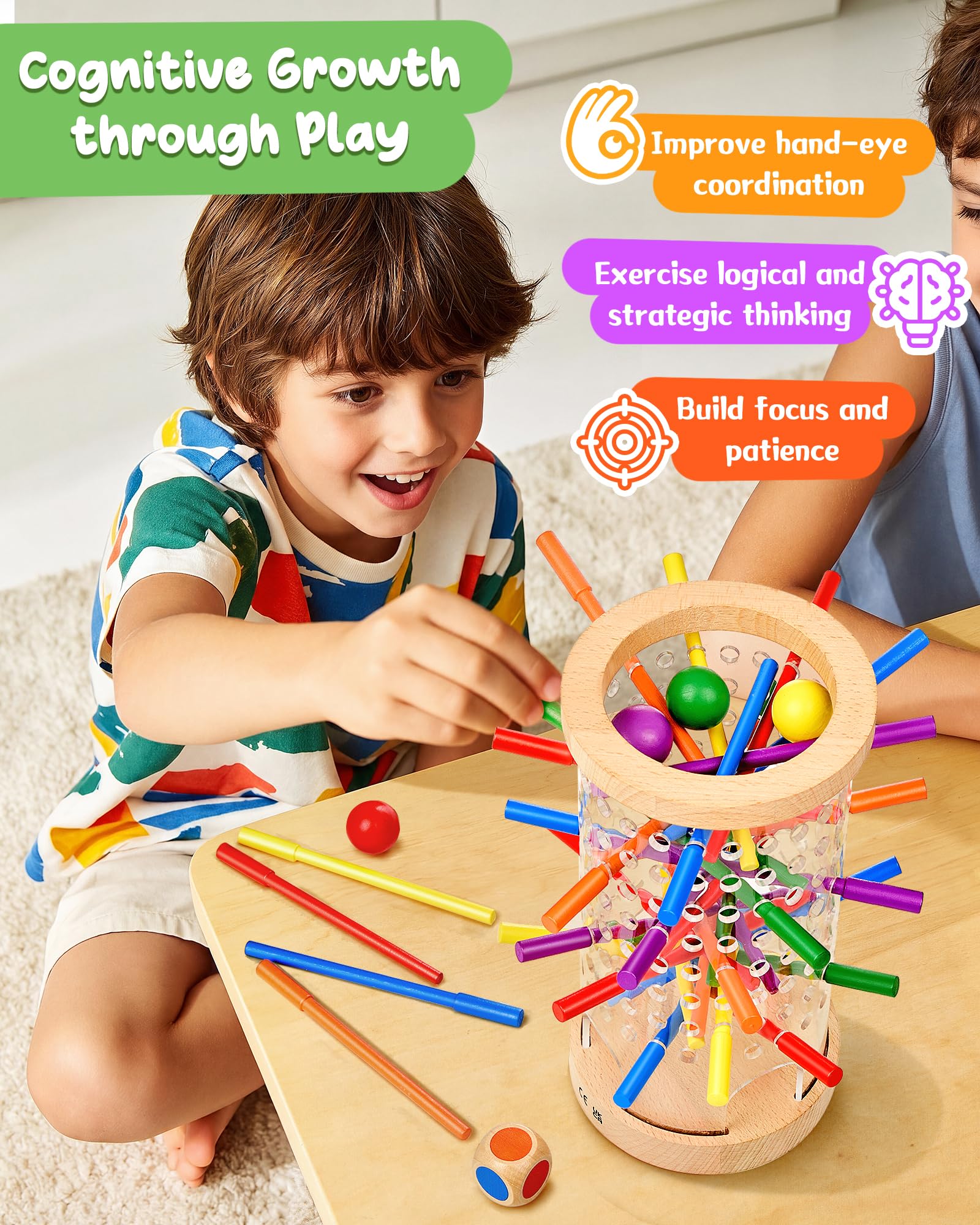 Montessori Holz Brettspiel ab 3–6 Jahre mit Ball & Antirutsch-Stäbchen | Antirutsch-Stäbchen, Transparenter Turm, Lernspielzeug für Motorik & Konzentration, Geschenk, Kompakt & tragbar für unterwegs