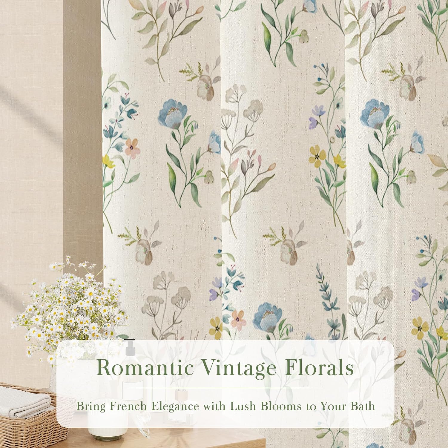 Linen Floral Shower Curtain, Blue Boho Shower Curtain for Bathroom, 72x72