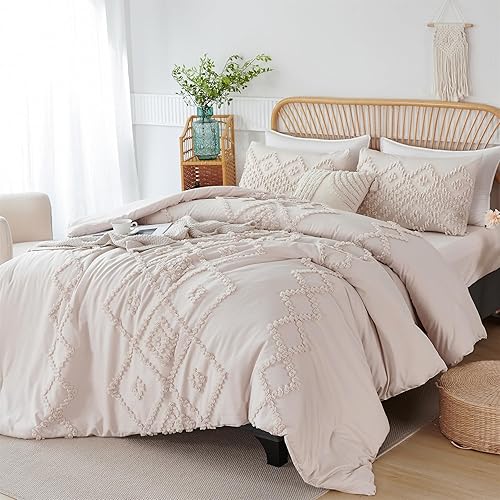 Miniatura 3 de RYNGHIPY Juego de edredón beige tamaño matrimonial, juego de ropa de cama jacquard ligero y esponjoso, edredón bordado bohemio de 3 piezas con 2