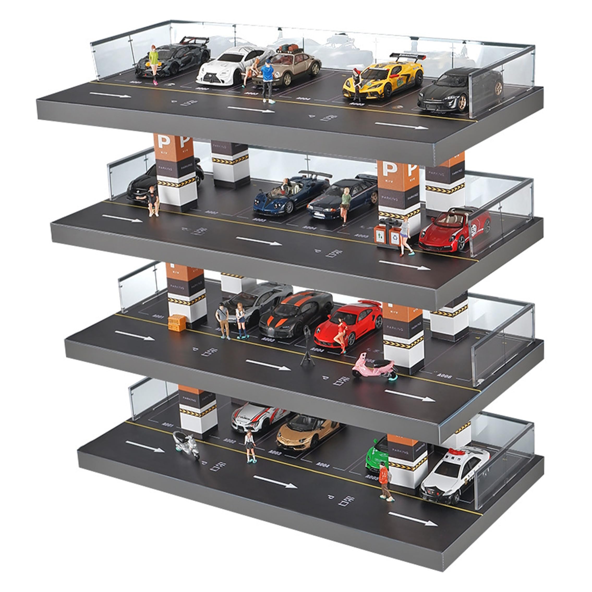 Car Display Case 4-Tier 1/64 Diecast Car Garage Toy with Parking Sign