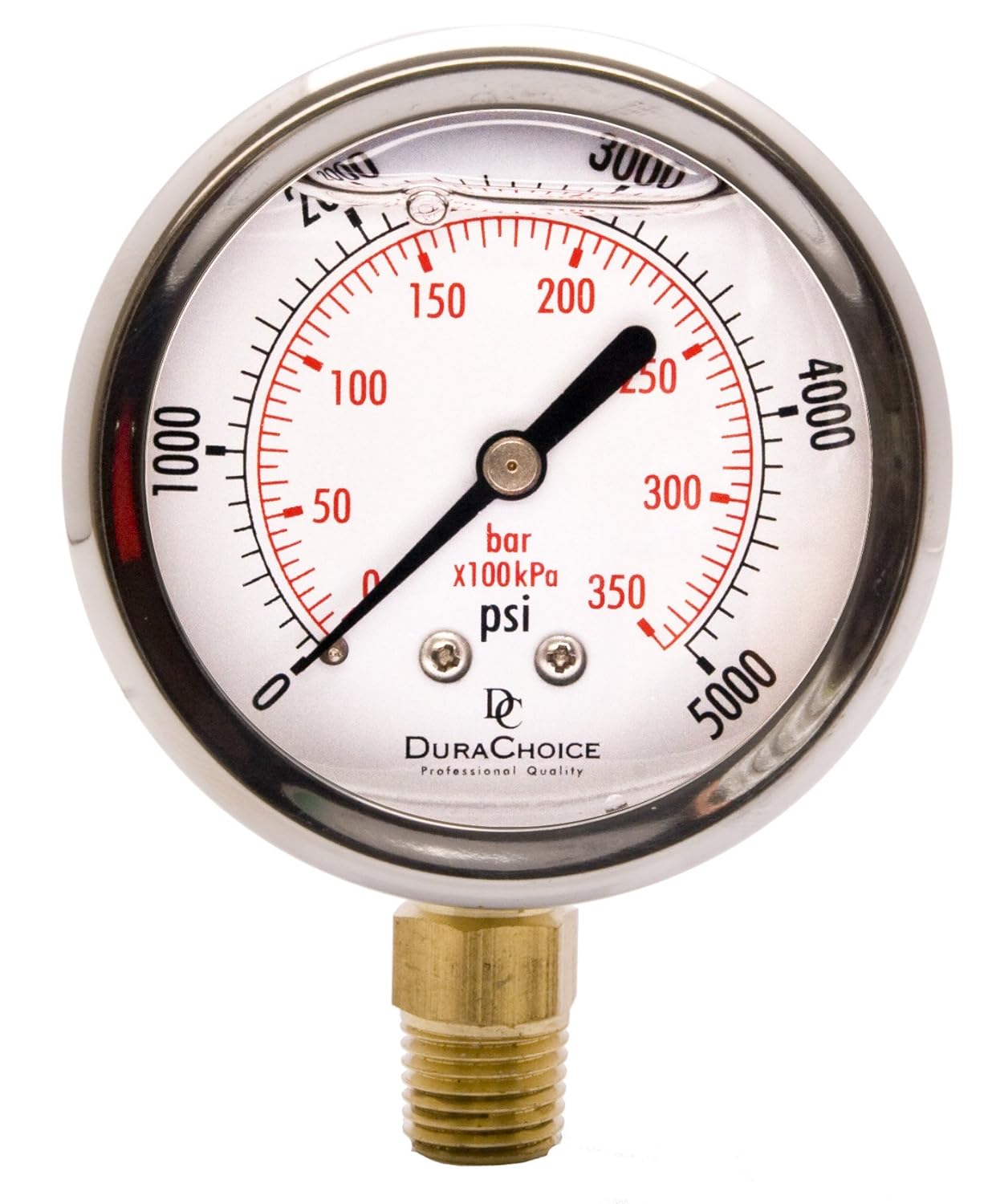 2-1/2" Oil Filled Pressure Gauge - Stainless Steel Case, Brass, 1/4" NPT, Lower Mount Connection, 0-5,000PSI