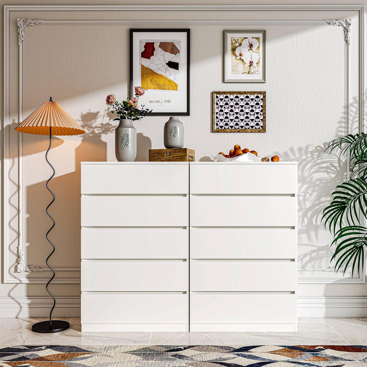 furtble 5 Drawer Dresser, White Tall Dressers for Bedroom Wooden Closet Drawer, Modern 43.6" Tall Dressers Chests of Drawers Clothing Organizer Cabinet for Hallway, 27.6" W