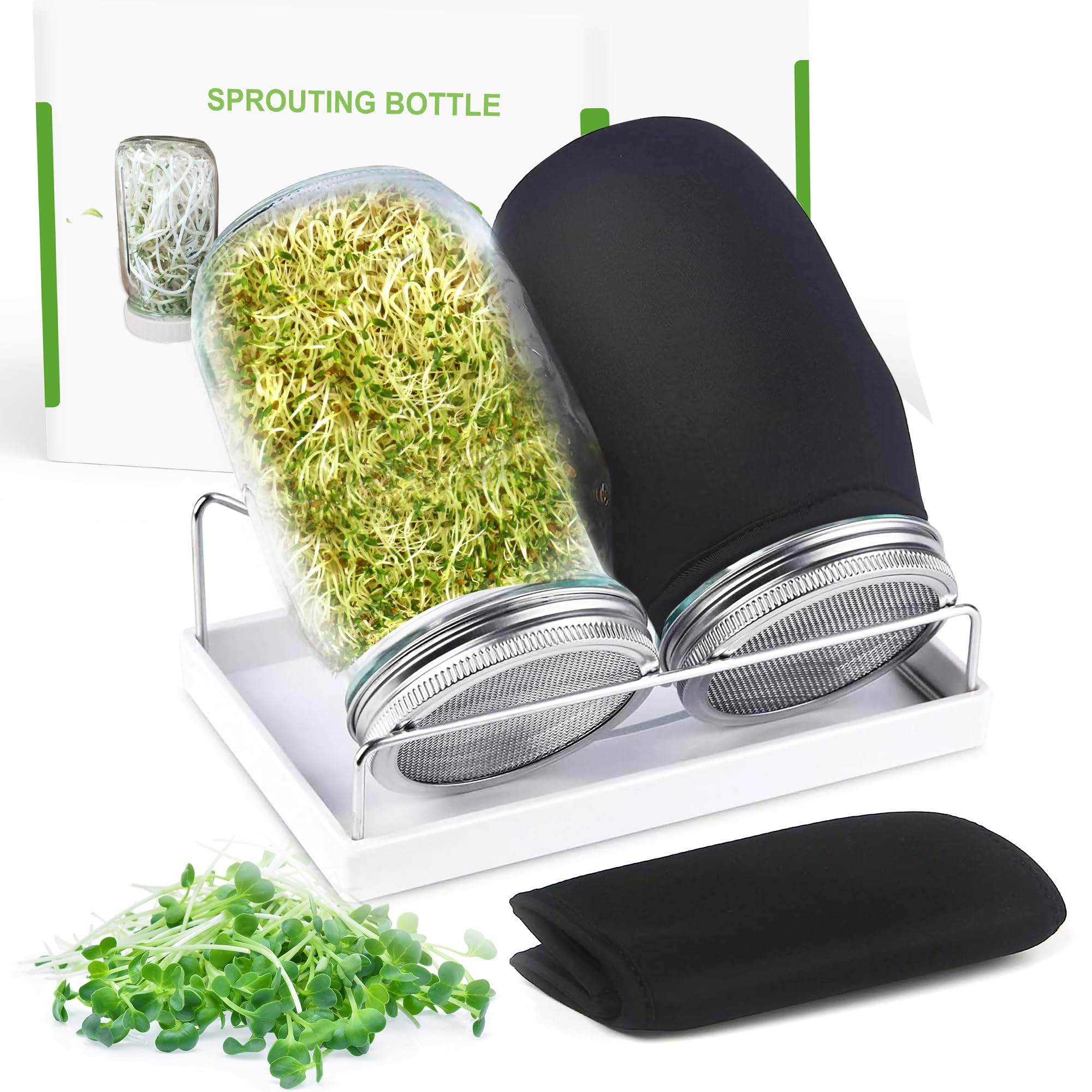 Organic Seed Sprouting Jar Kit – 2 × 32 oz Wide-Mouth Mason Jars with Stainless-Steel Sprouter Lids & Stand, Blackout Sleeves, Drain Tray – Grow Broccoli, Alfalfa & Bean Microgreens