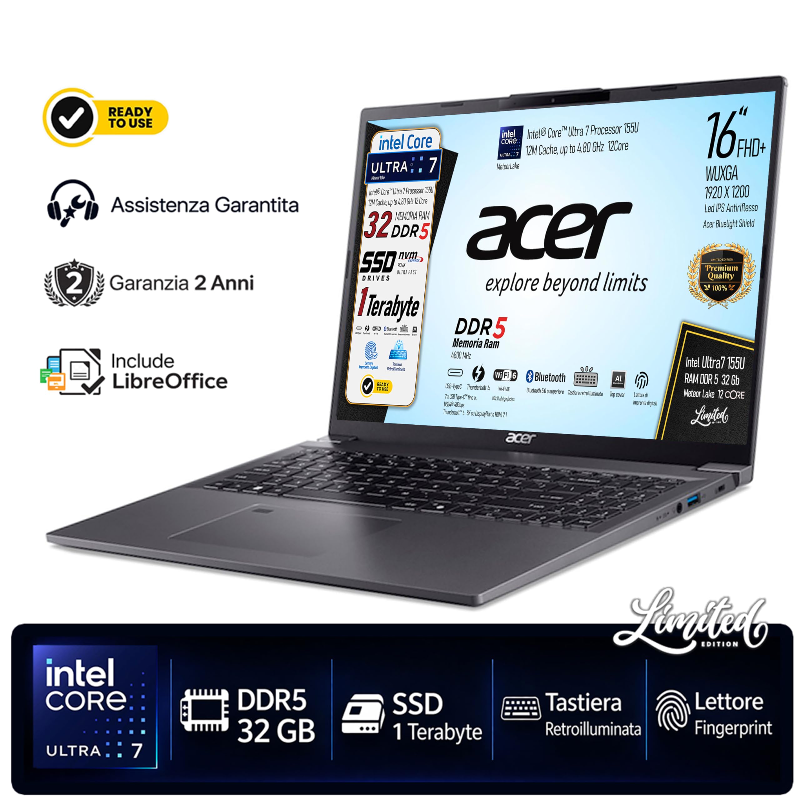 Acer Notebook, Intel Ultra7 155U Meteor Lake, Ram DDR5 32Gb, SSD Pci da 1 Tb, Display WUXGA 16" FHD+, Tastiera qwerty retroilluminata, fingerprint, Wi-Fi 6, thunderbolt 4, Hdmi, pronto all'uso