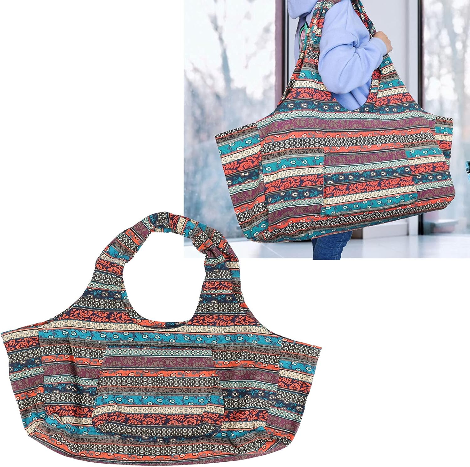 Cyrank Large Yoga Mat Tote Sling Carrier with Pockets, Bohemian Style Vintage Canvas Yoga Mat Bag Multipurpose Oversized Gym Bag Fits Most Size Mats