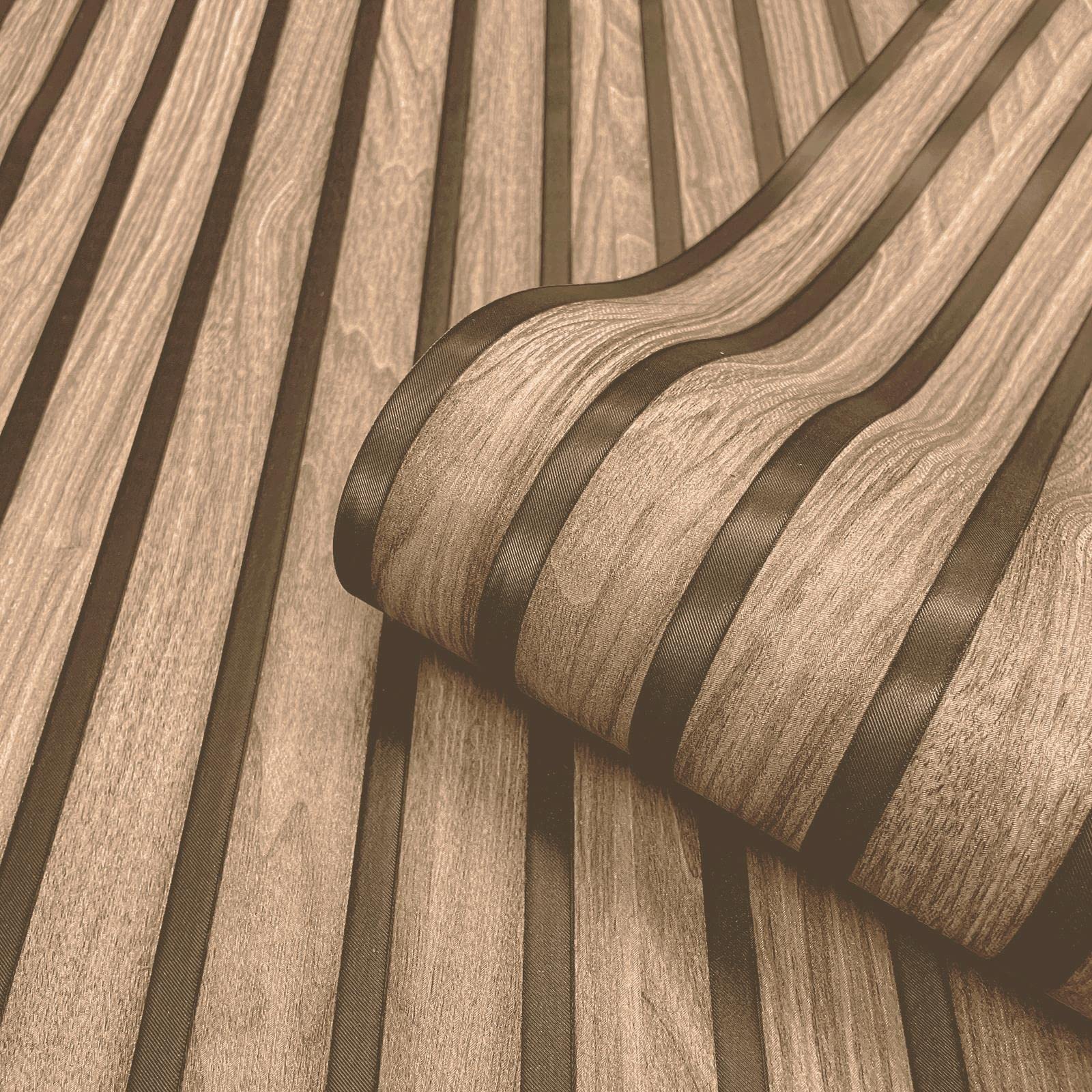 Yöl Walnut - Sample Sample Wood Slat Effect Wallpaper Walnut Textured Heavyweight Vinyl