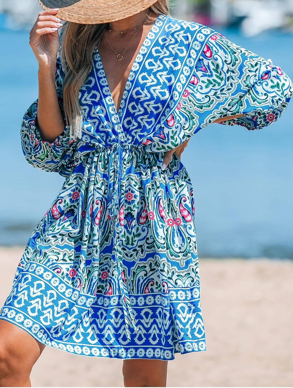 CUPSHE Women's Plunging V Neck Backless Beach Dress Paisley Boho Blouson Sleeve Back Tie Waist Tie Mini Summer Dresses, Blue S - Image 3