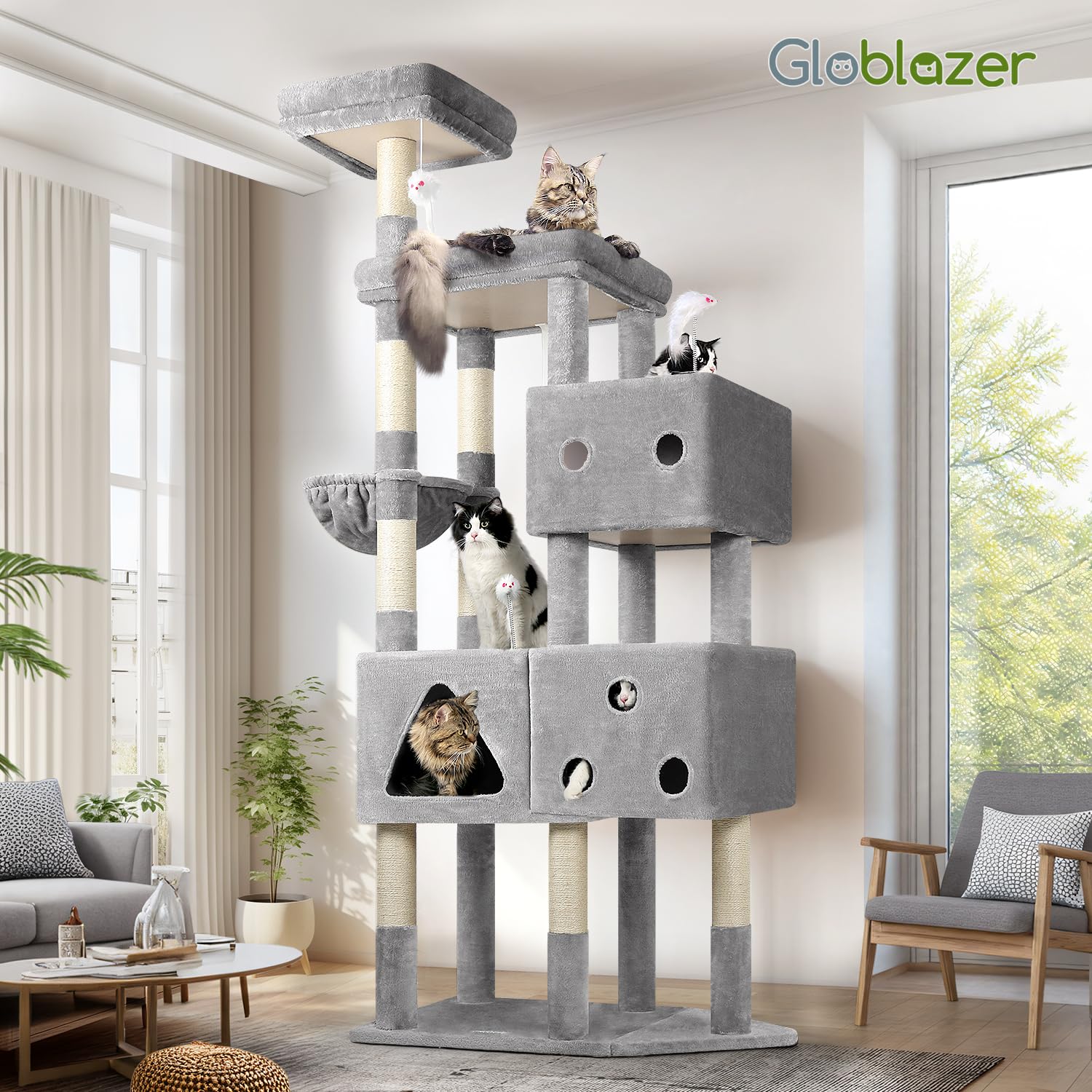 Globlazer Drapak XXL 207 cm z 3 zabawnymi dużymi kotami, 45 x 35 cm, wyściełana platforma, drążek, kosz dla kotów, 8 pni sizalowych, stabilne drzewko dla dużych kotów, ciężkie wnętrze (F81, jasnoszary