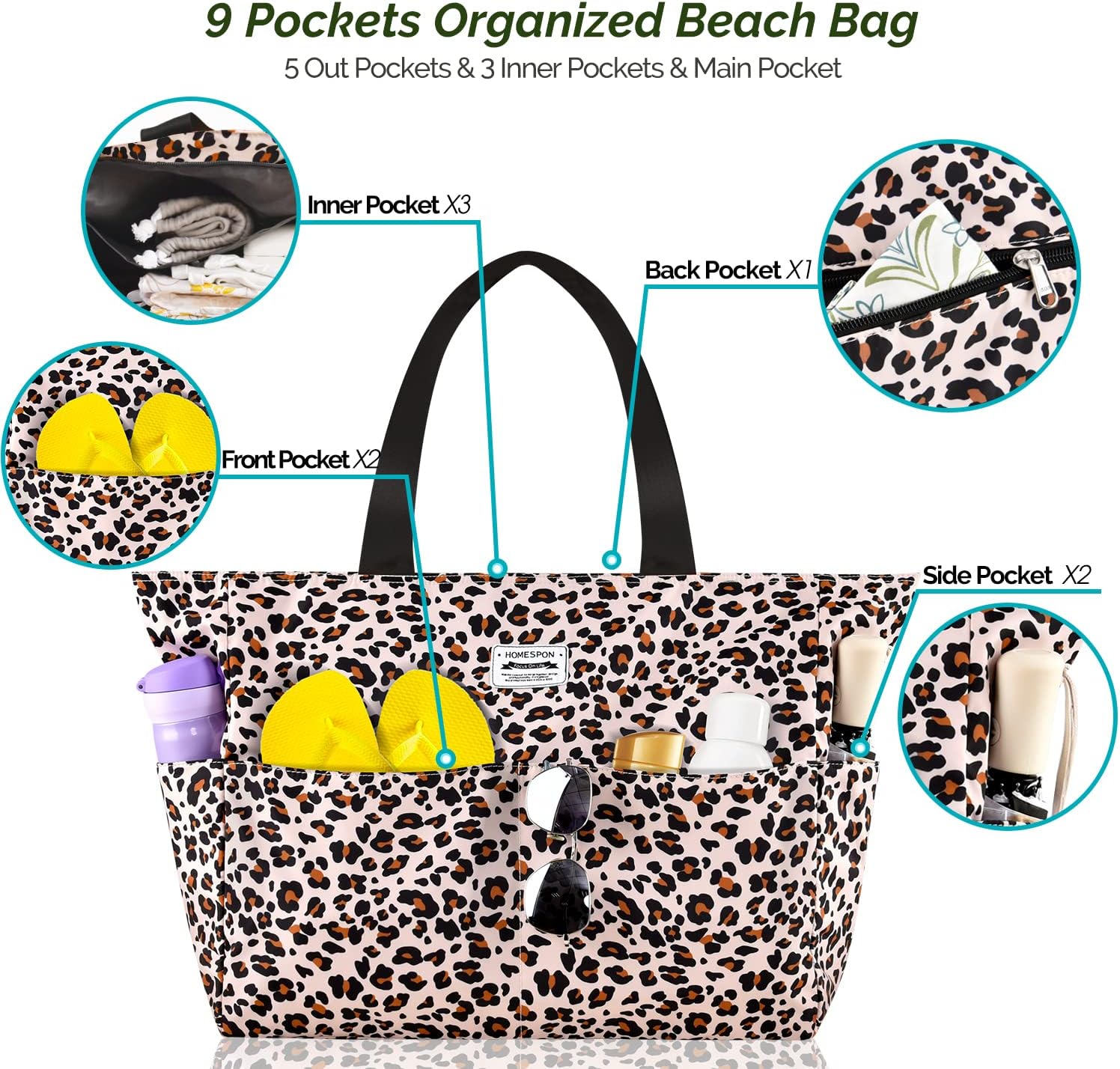 HOMESPON Large Waterproof Beach Bag for Women Sandproof Tote Bag Pool Bag with Zipper and Pockets for Travel Vacation Gym - Image 5