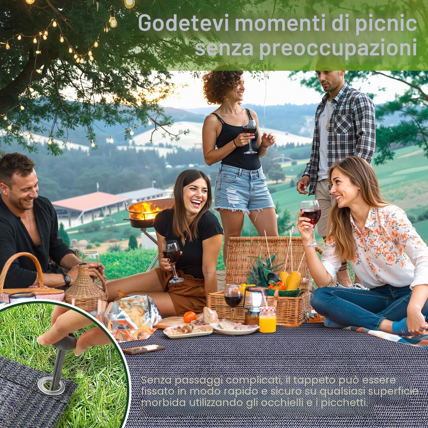 Tappeto per veranda 300 x 400 cm, tappeto da campeggio outdoor traspirante, lavabile, antiscivolo, con 13 picchetti e borsa per il trasporto, per roulotte, camper, tenda da sole, grigio blu