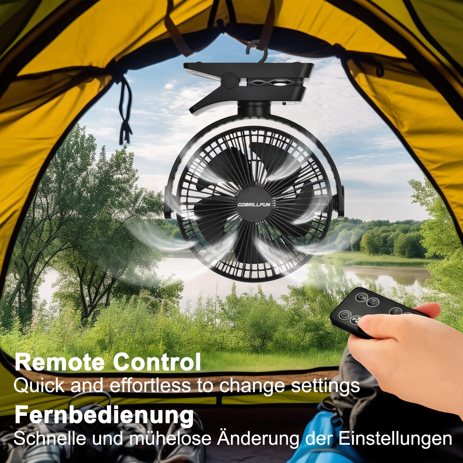 GOBRILLFUN Ventilatore a clip da 12000 mAh con telecomando, ricaricabile tramite USB con luci LED, ventilatore a batteria con 5 velocità per ufficio, viaggi all'aperto, campeggio, tenda (8,3 pollici)