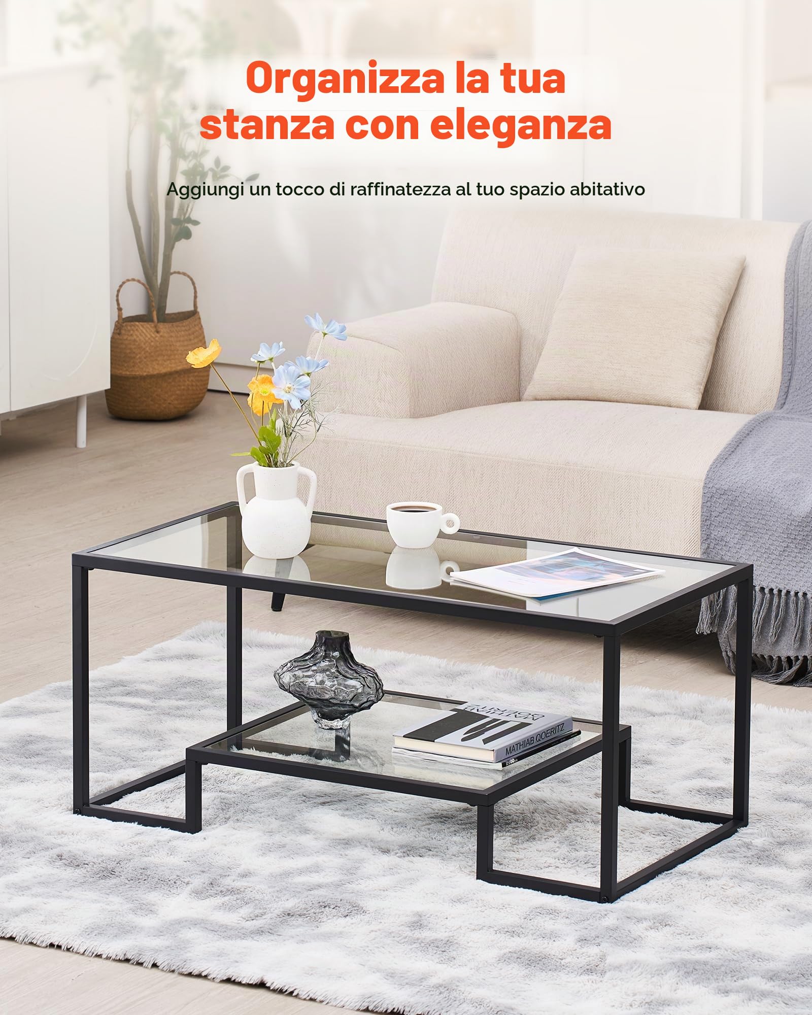 VEVOR Tavolino da Caffè da 100 x 51 x 46 cm in Vetro e Metallo Temperato con Due Livelli e Spazio di Archiviazione Aperto, Tavolino da Salotto Moderno con Struttura per Soggiorno Ufficio Nero