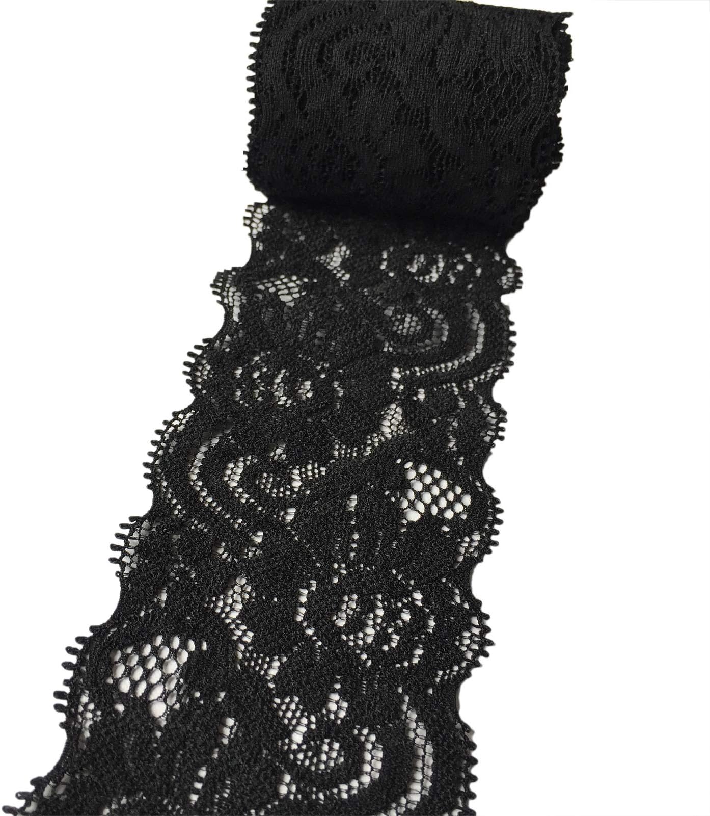 Black Stretch Lace Ribbon With Floral Pattern - 6 Inches Wide, 5 Yards, For Wedding Decor, DIY Crafts - View #6