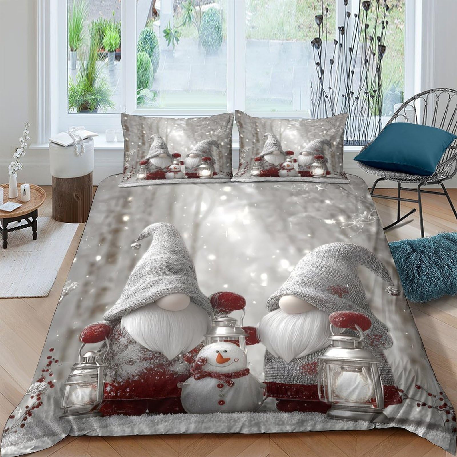 Ctjqhvkz Style-9 3D Printed Christmas Gnome Fitted Sheet Microfiber Soft Grey Red Winter Lantern Bed Cover For Bedroom Decor Single（135X200cm）