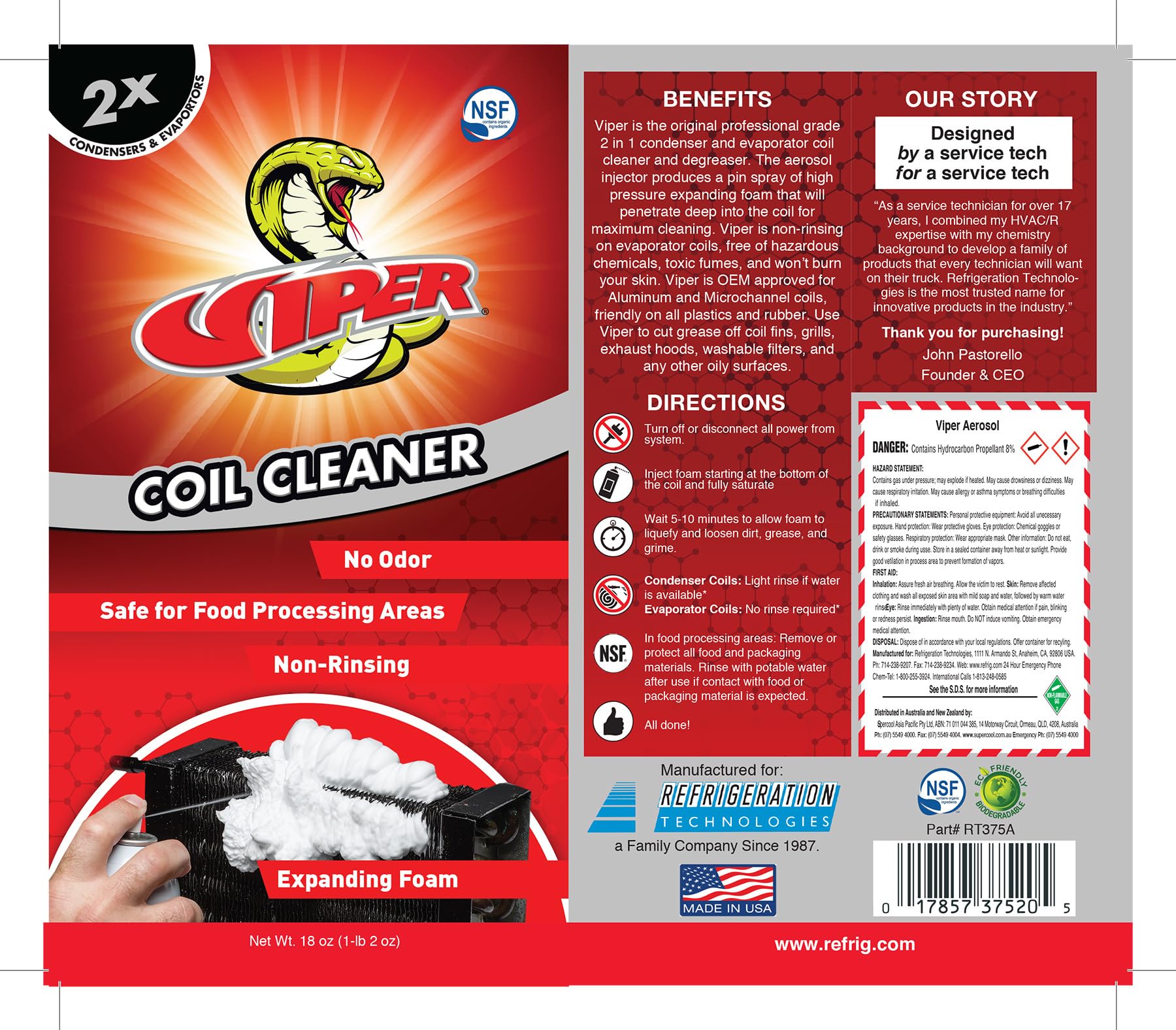 Fast-Shipping Refrigeration Technologies Viper Evap+ Evaporator Coil Cleaner & Deodorizer 1 Gal RT350G Green 128 fl oz (1)