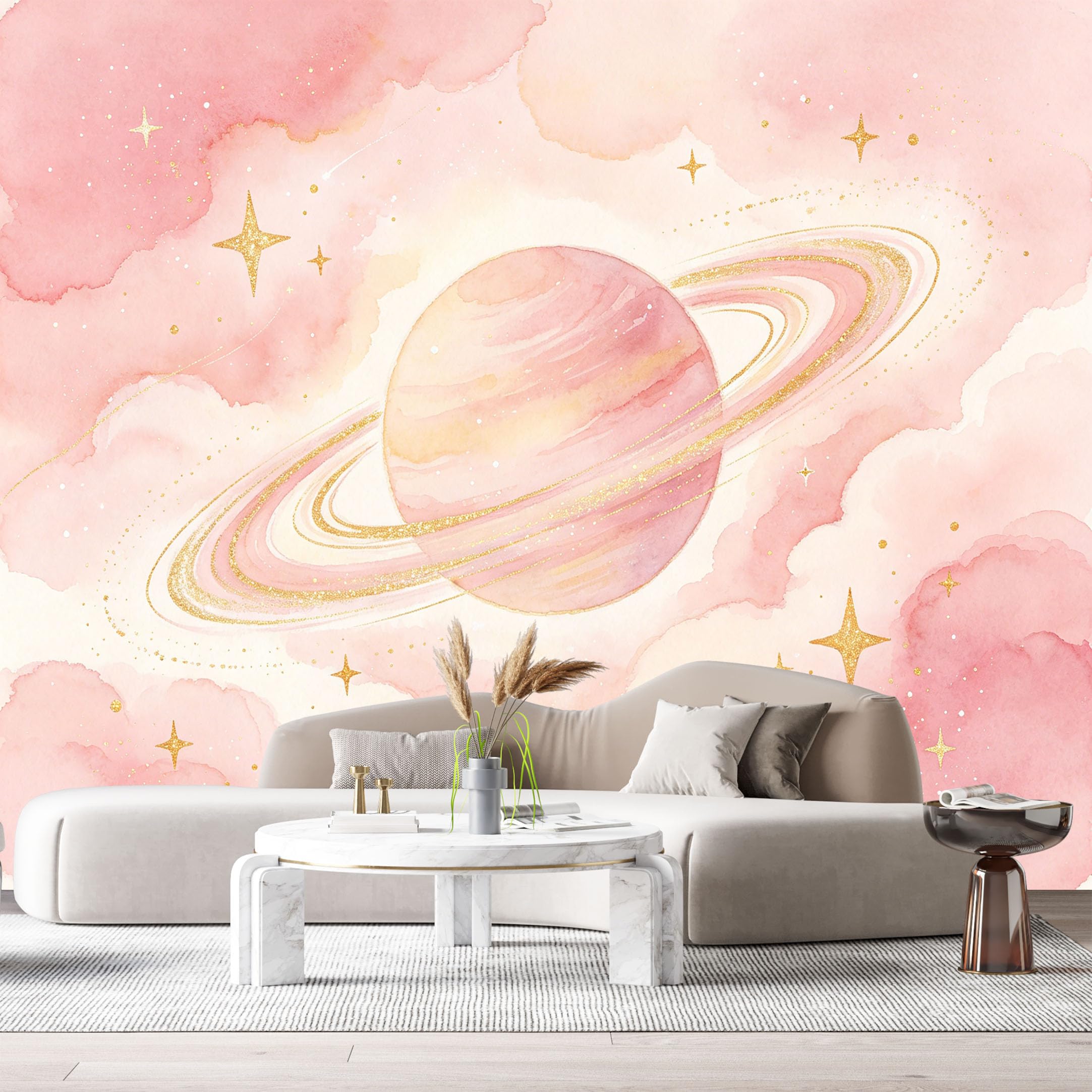 Custom Size Wall Murals Pink Planet Watercolor Gold Stars Clouds SelfAdhesiveWall Fabric Removable Wallpaper Wall Decor for Living Room Bedroom Bathroom