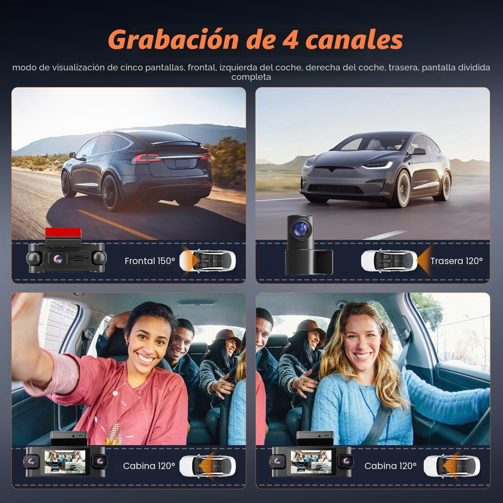 Roinvou Dashcam Delantera y Trasera 4 Canales, Cámara de Salpicadero 2K con WiFi 5GHz, App Control, Grabación en Bucle, Monitor de Estacionamiento 24h, Incluye 64G SD y Cámara Trasera