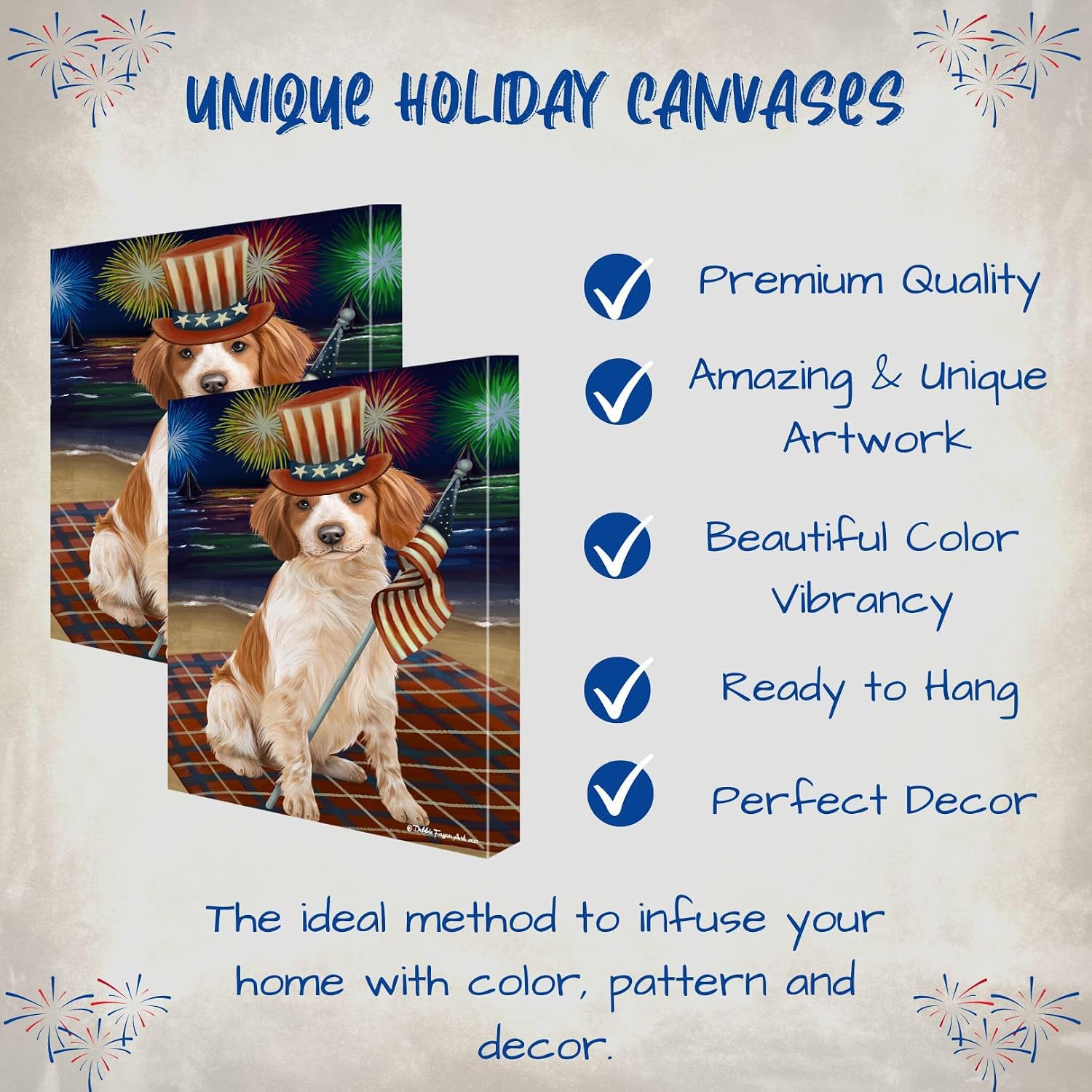 Doggie of the Day 4th July Fireworks with Brittany Spaniel Dogs Canvas Wall Art - Premium Quality Ready to Hang Room Decor - Flat Rolled 8" x 10"