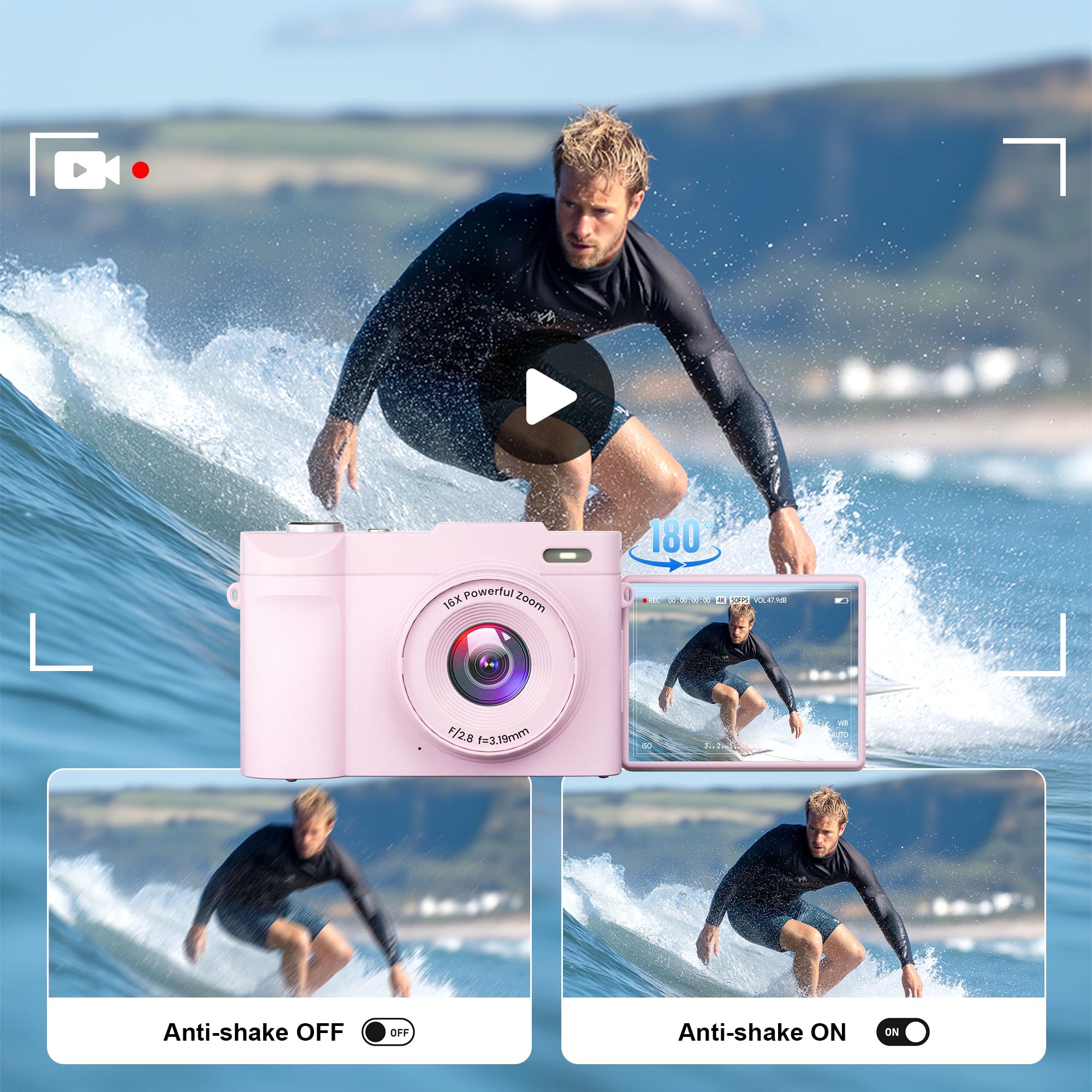 4K Digitalkamera für Fotografie Autofokus, Kompakte 50MP Kamera mit 180° Flip Screen, 16X Digitalzoom, Camara Fotografica mit 32GB Karte - Großartig für Vlogging und Lernen Fotografie