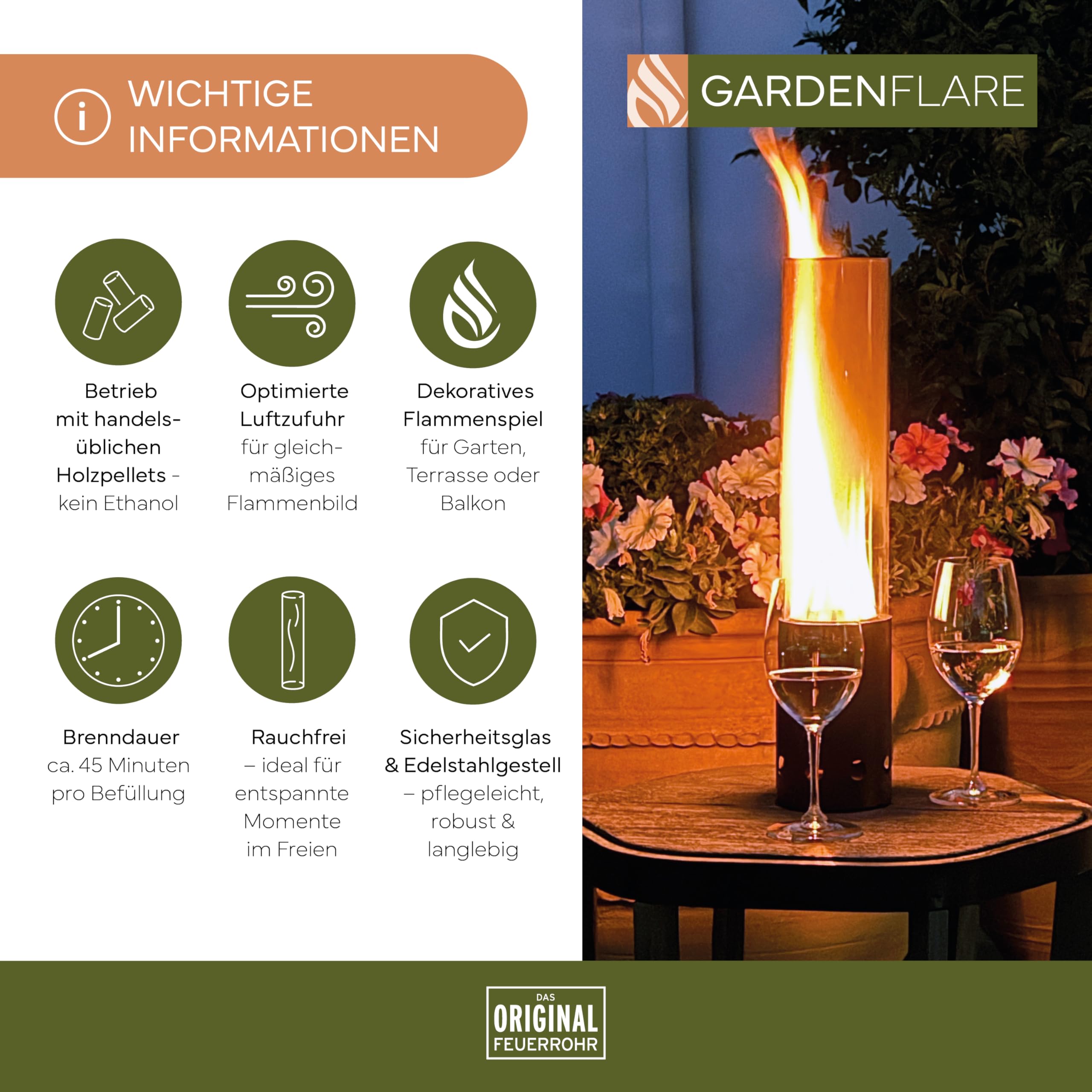 GARDENFLARE Tischkamin Outdoor – Rauchfreies Edelstahl Tischfeuer und Feuerrohr für Balkon & Terrasse – Hochwertige Gartendeko, Windlicht mit Holzpellet Betrieb (Schwarz)