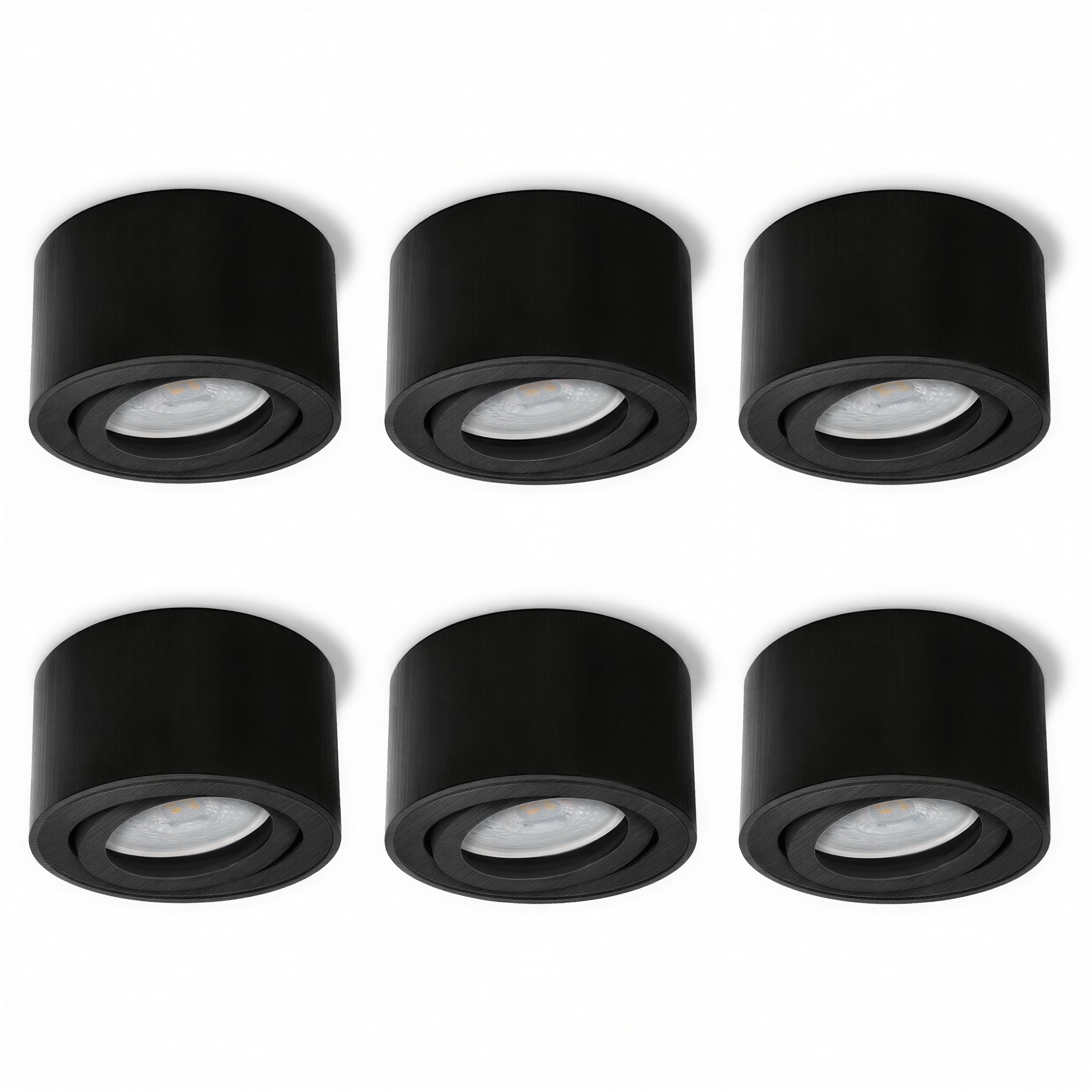 SSC-LUXon CELI-1B Aufbauspot 6er Set schwarz gebürstet schwenkbar GU10 2W | Sechs flache Deckenspots schwarz gebürstet - 30° schwenkbar, warmweiß, für Küche, Flur & Wohnzimmer, ohne Trafo, inkl. LED