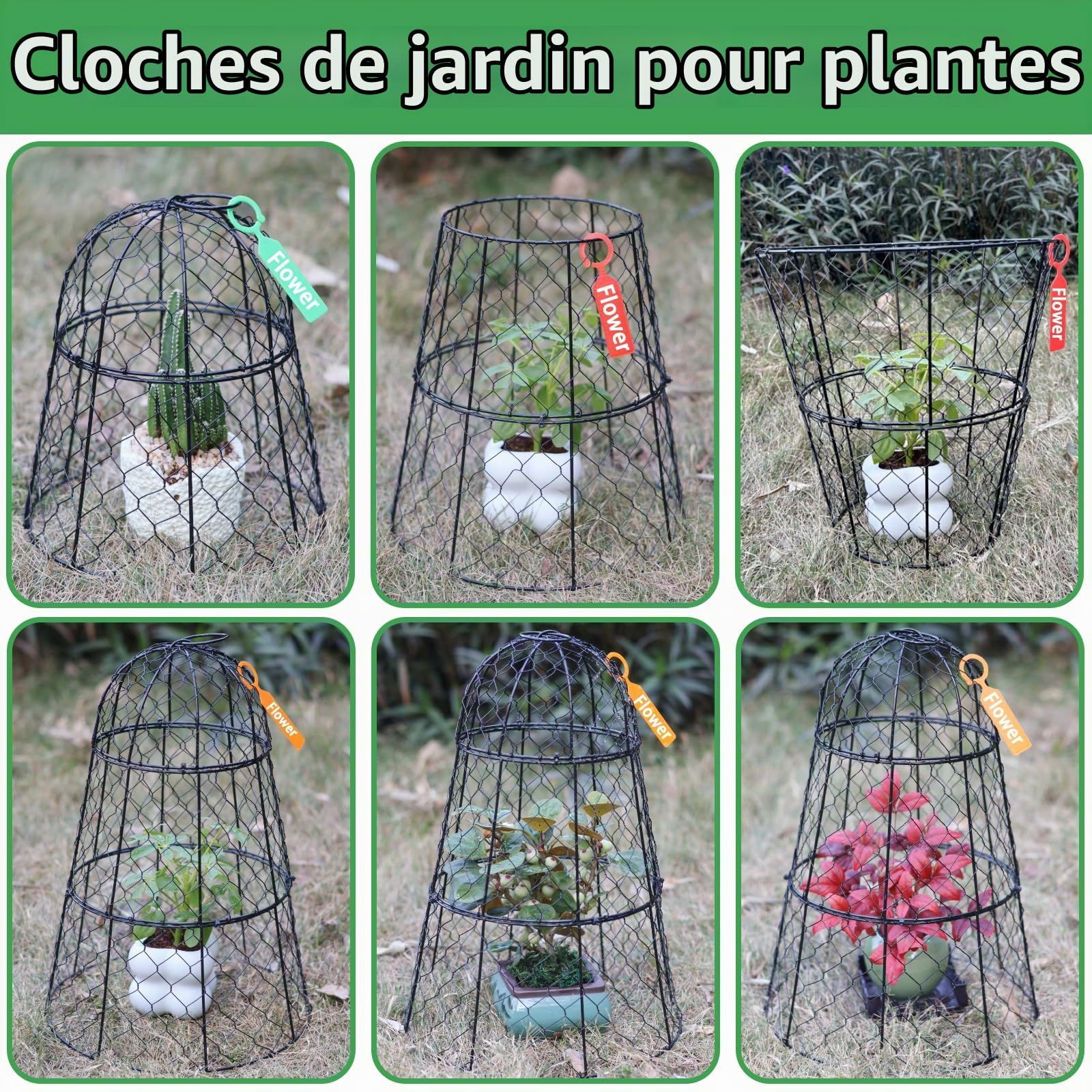 Lot de 6 housses de protection en fil de fer pour plantes, 45 cm x 29 cm, antirouille et robuste, avec piquets et étiquettes, cloches de jardin modulaires pour semis, fleurs, légumes, protéger des