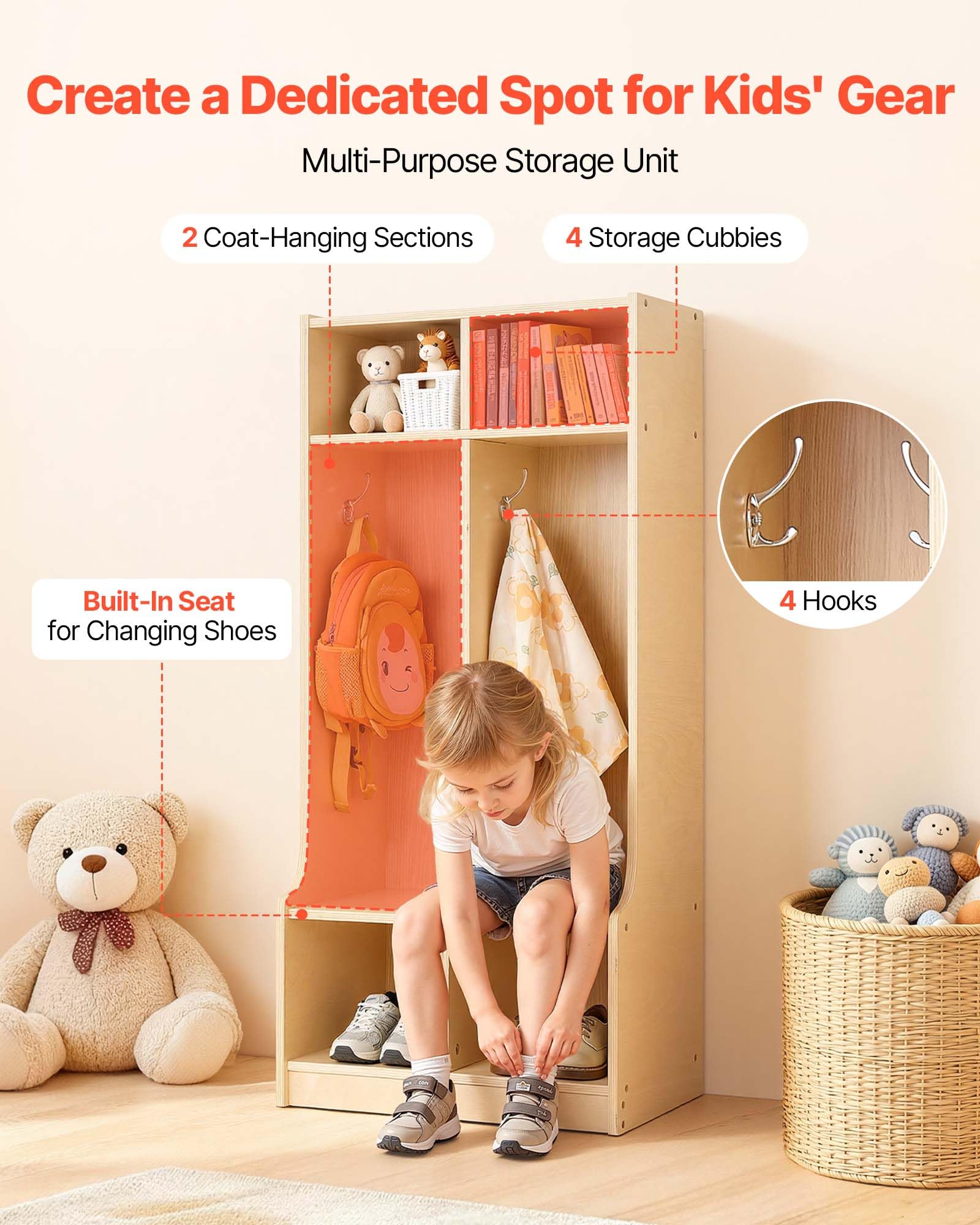 VEVOR Vestiaire 2 Enfants Ouvert, Penderie pour Enfants en Bois, Rangement pour Crèche Maternelle Garderie Maison, Meuble d'accueil Scolaire avec Casiers à Manteaux et à Chaussures, Cases Supérieures