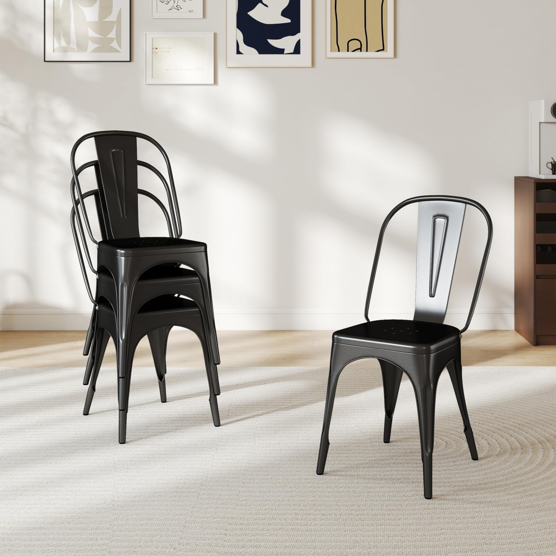 Juego de 8 Sillas de Comedor de Estilo Industrial Retro, Aspecto de Metal, Diseño Apilable, Sillas para Pestaurantes, Bistrós, Cafeterías, Bodas en el Jardín - Negro