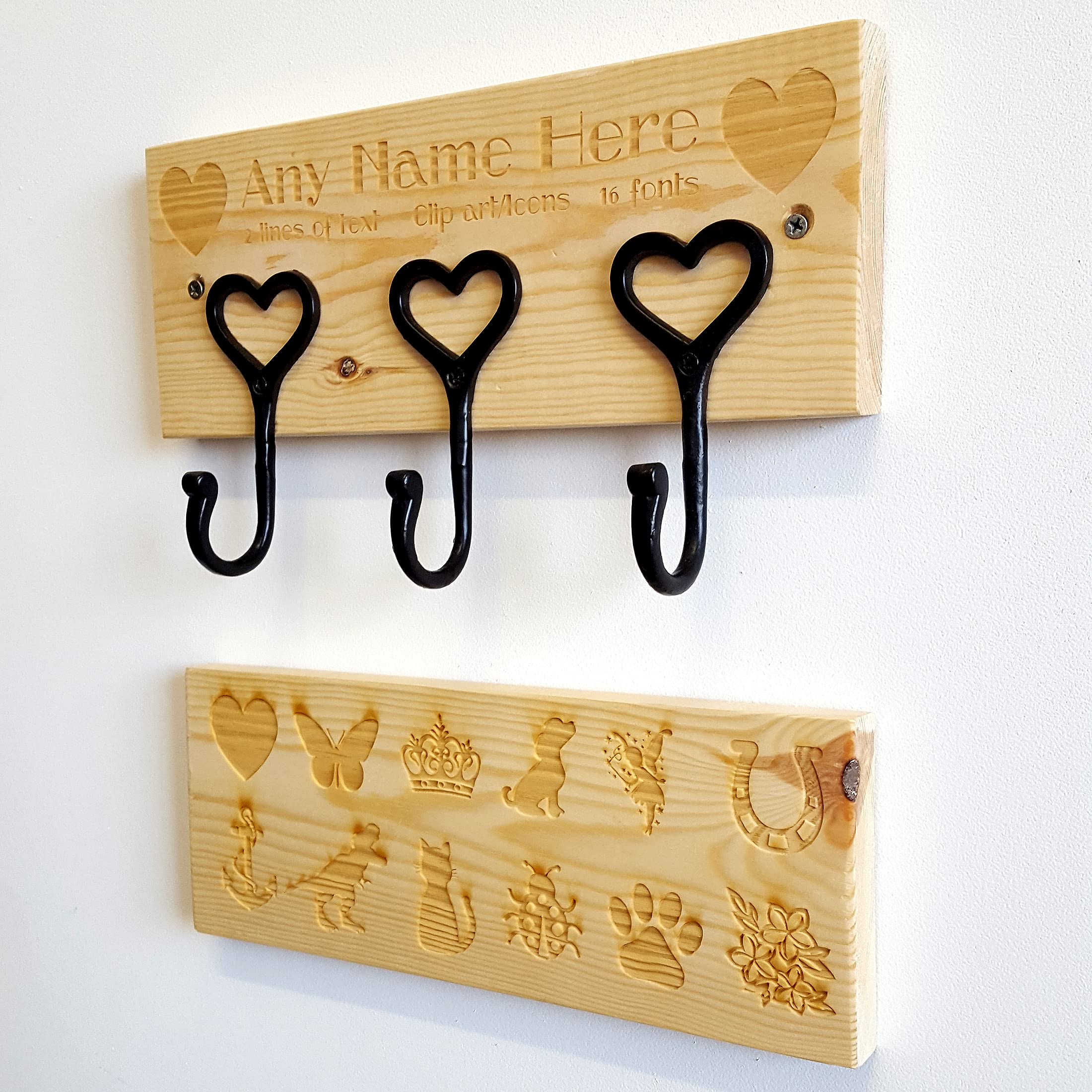 Cutncraft Designs Personalised Coat Rack Rail with 3 Heart Hooks for Jackets Children Nursery Laser Engraved - Add Your Text and Clip Arts 30 x 12cm (11.8" x 4.7")